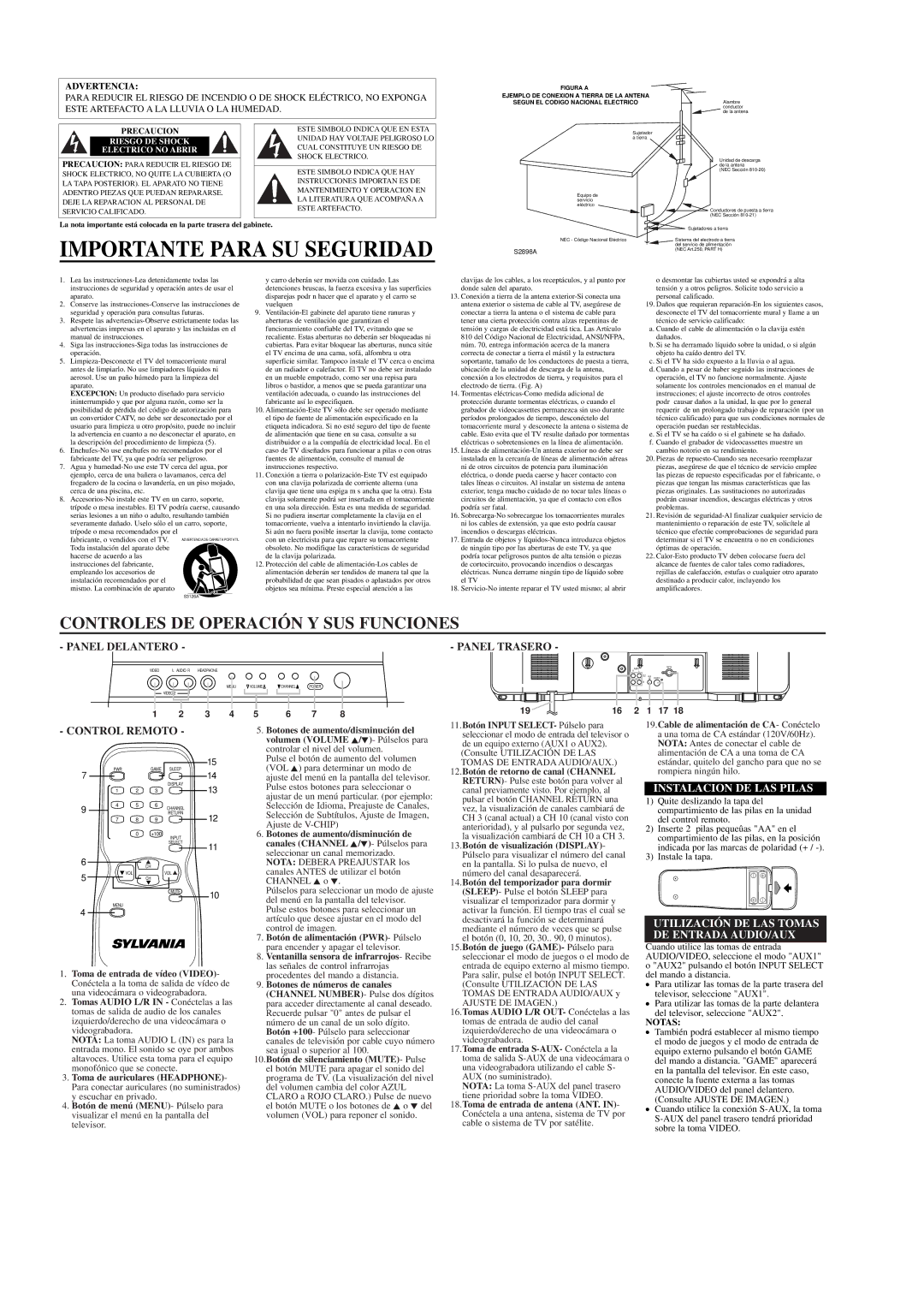 Sylvania SRT4127F owner manual Importante Para SU Seguridad, Panel Trasero, Control Remoto, Instalacion DE LAS Pilas 