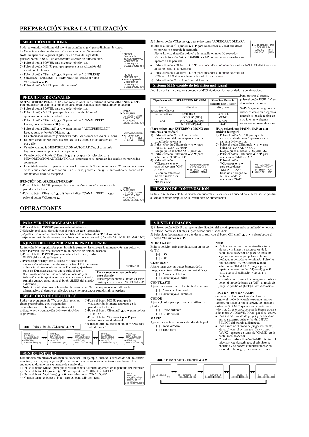 Sylvania SRT4127F owner manual Preparación Para LA Utilización, Operaciones 