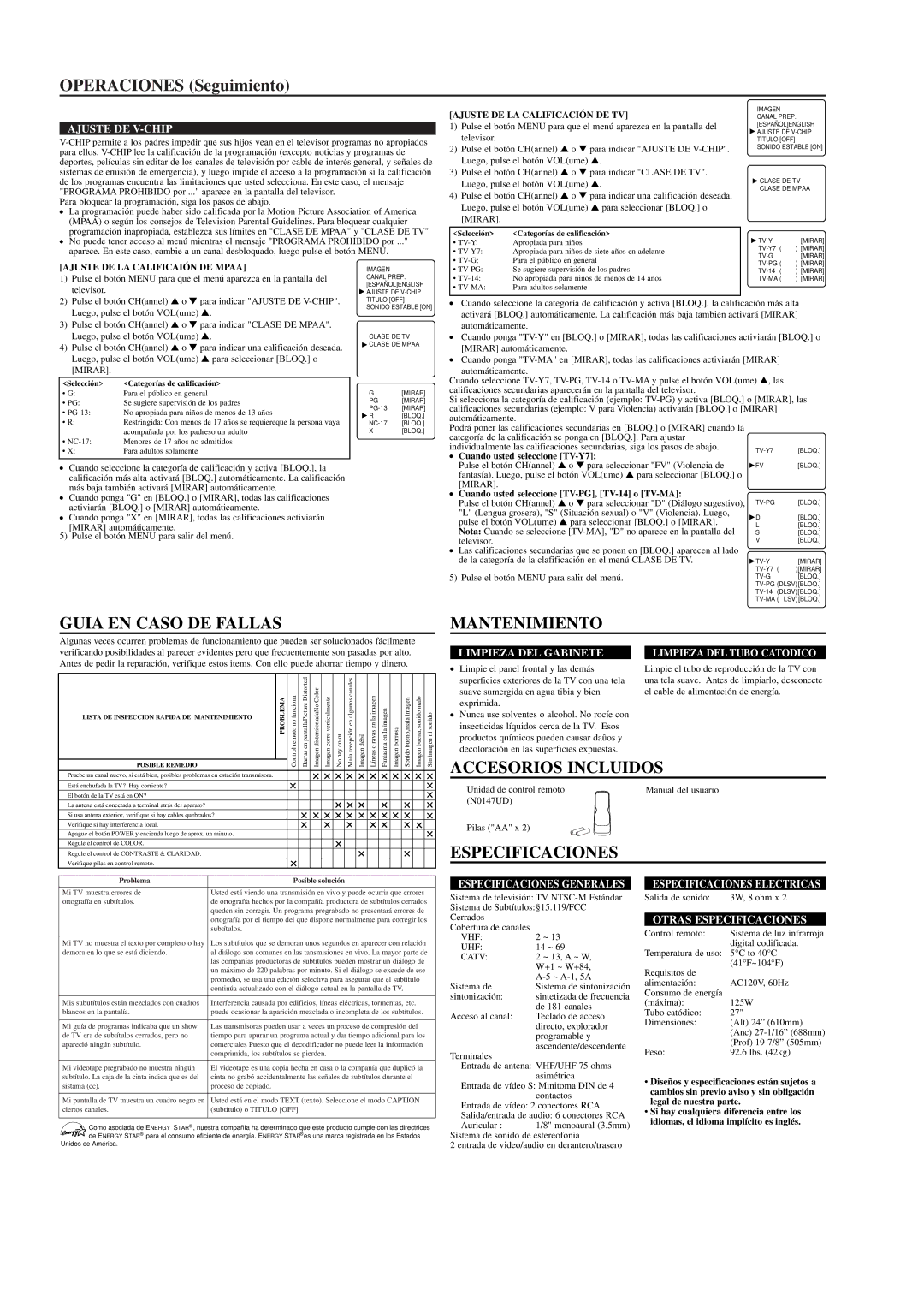 Sylvania SRT4127F Operaciones Seguimiento, Guia EN Caso DE Fallas, Mantenimiento, Accesorios Incluidos, Especificaciones 