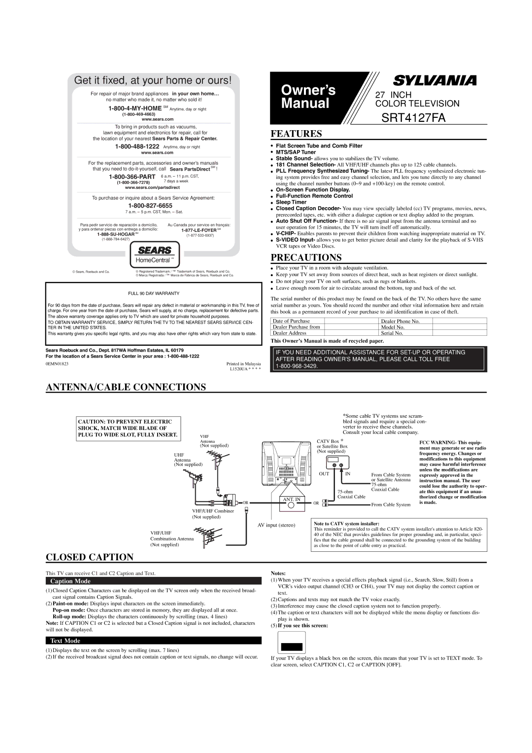 Sylvania SRT4127FA owner manual Features, Precautions, ANTENNA/CABLE Connections, Closed Caption 