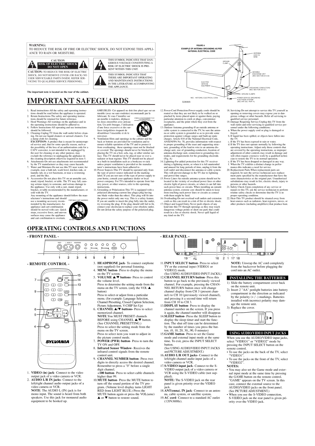 Sylvania SRT4127FA owner manual Important Safeguards, Rear Panel, Remote Control, Installing the Batteries 