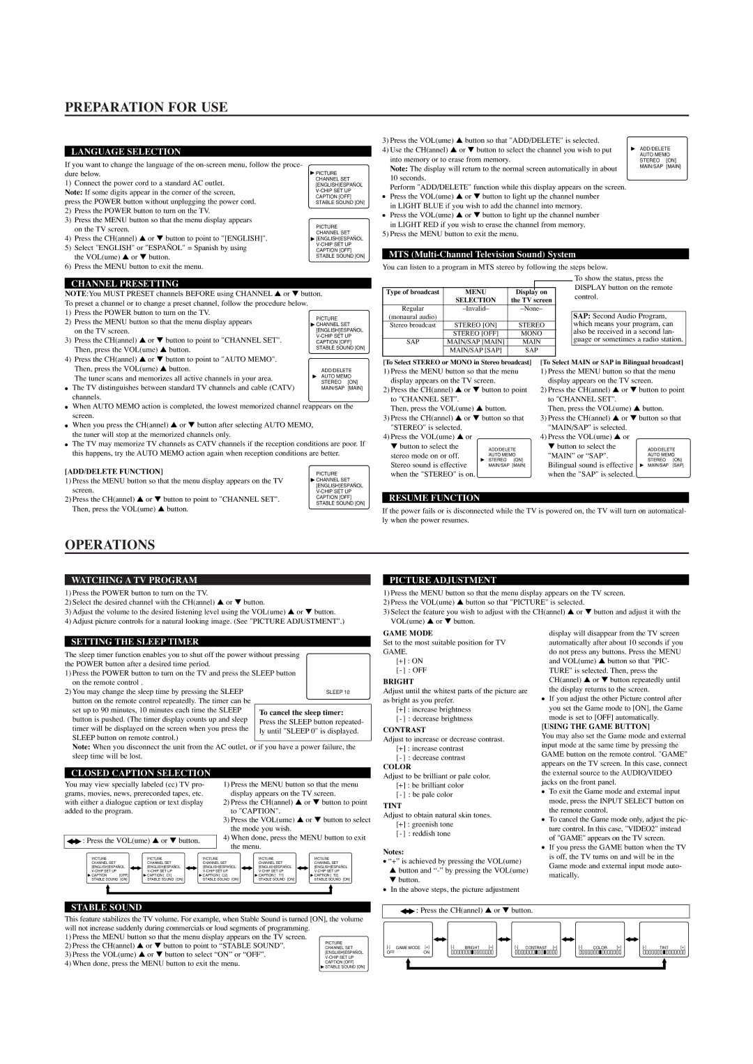 Sylvania SRT4127FA owner manual Preparation for USE, Operations 