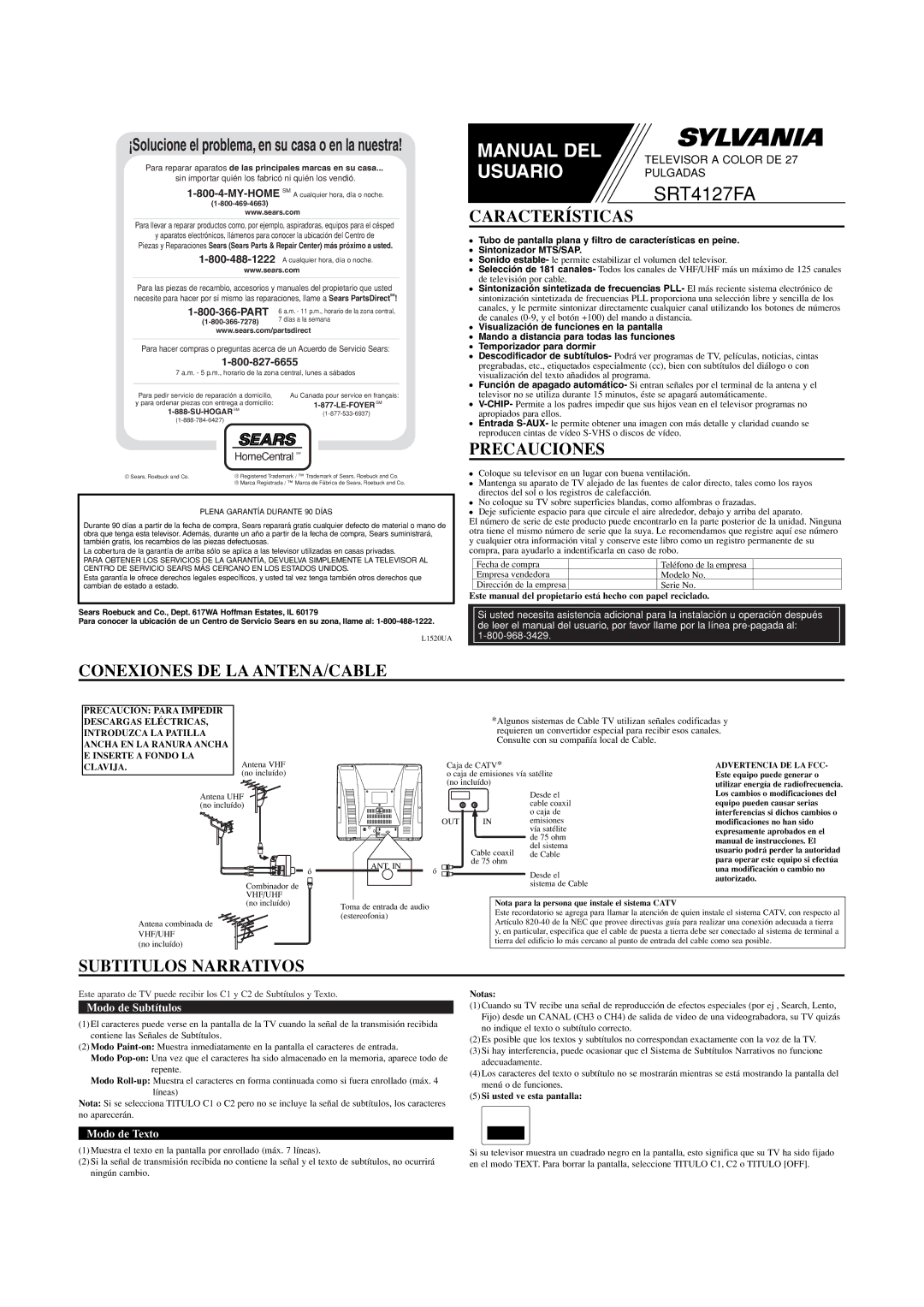 Sylvania SRT4127FA owner manual Características, Precauciones, Conexiones DE LA ANTENA/CABLE, Subtitulos Narrativos 