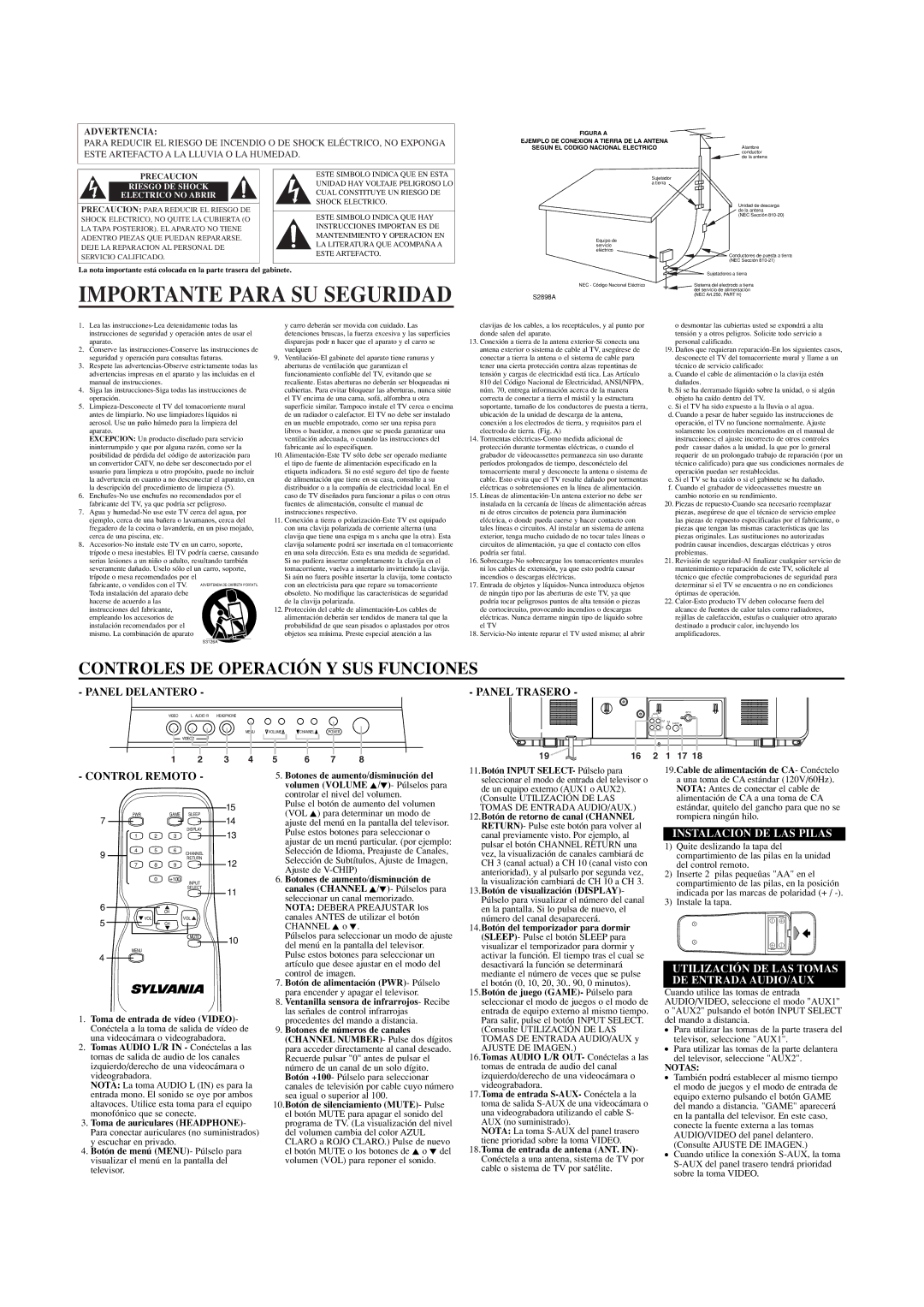 Sylvania SRT4127FA owner manual Importante Para SU Seguridad, Panel Trasero, Control Remoto, Instalacion DE LAS Pilas 