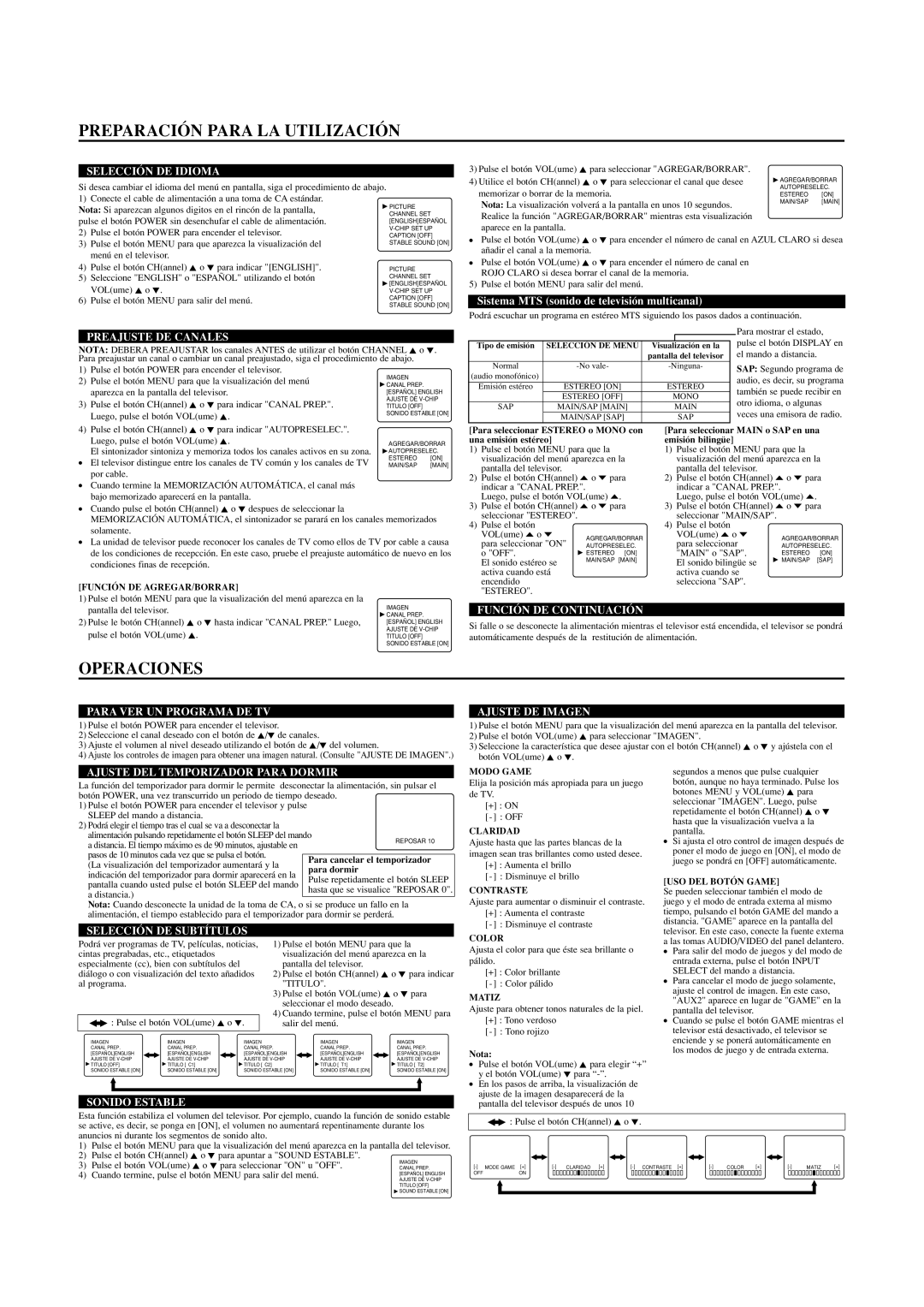 Sylvania SRT4127FA owner manual Preparación Para LA Utilización, Operaciones 