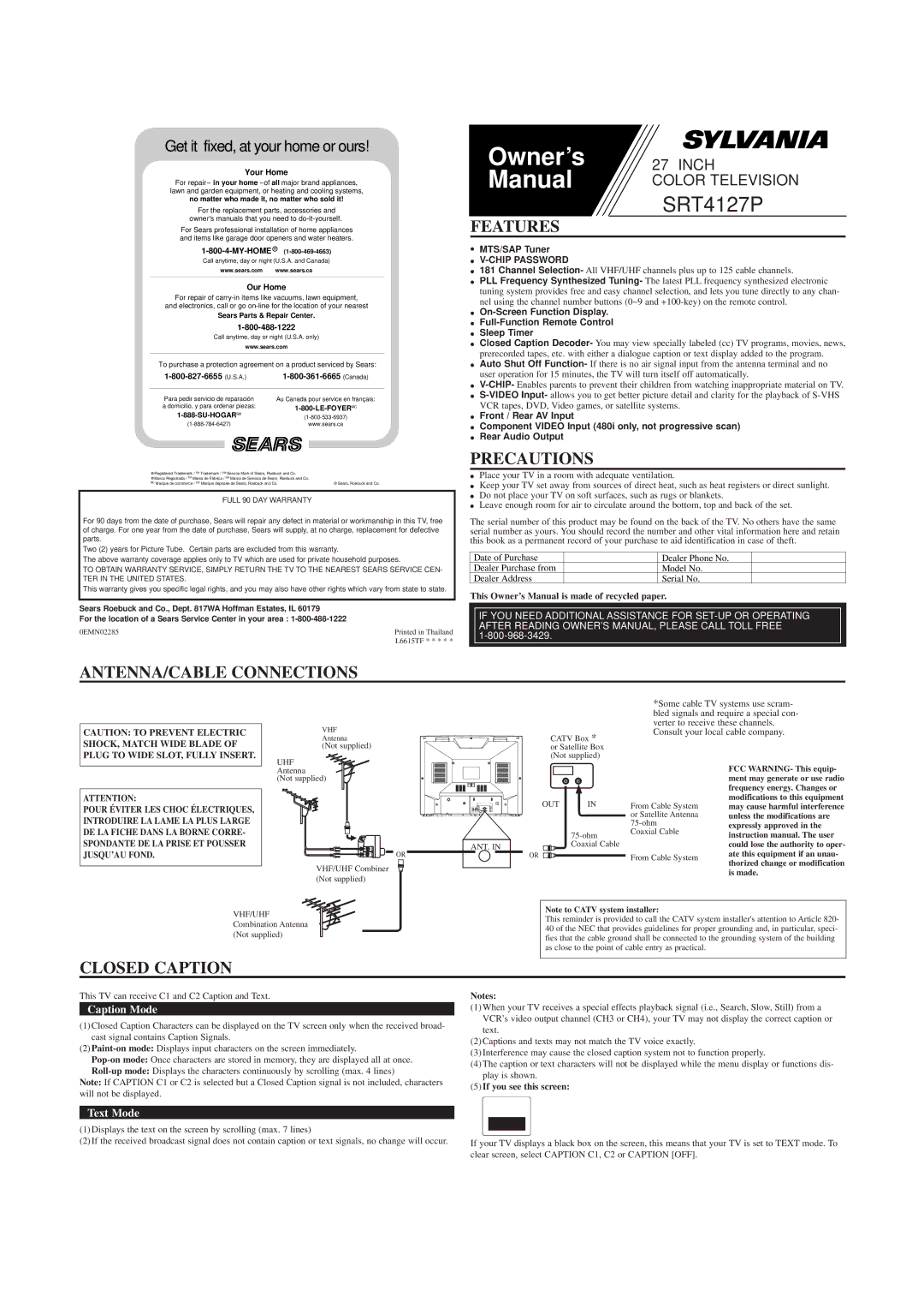 Sylvania SRT4127P owner manual Features, Precautions, ANTENNA/CABLE Connections, Closed Caption 