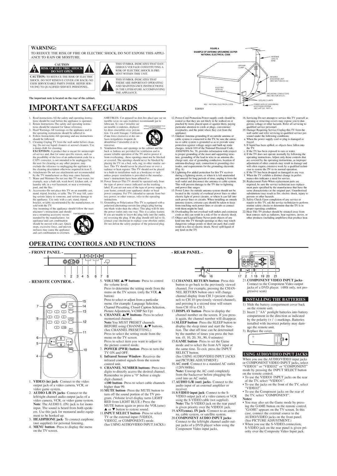 Sylvania SRT4127P owner manual Important Safeguards, Operating Controls and Functions, Installing the Batteries 