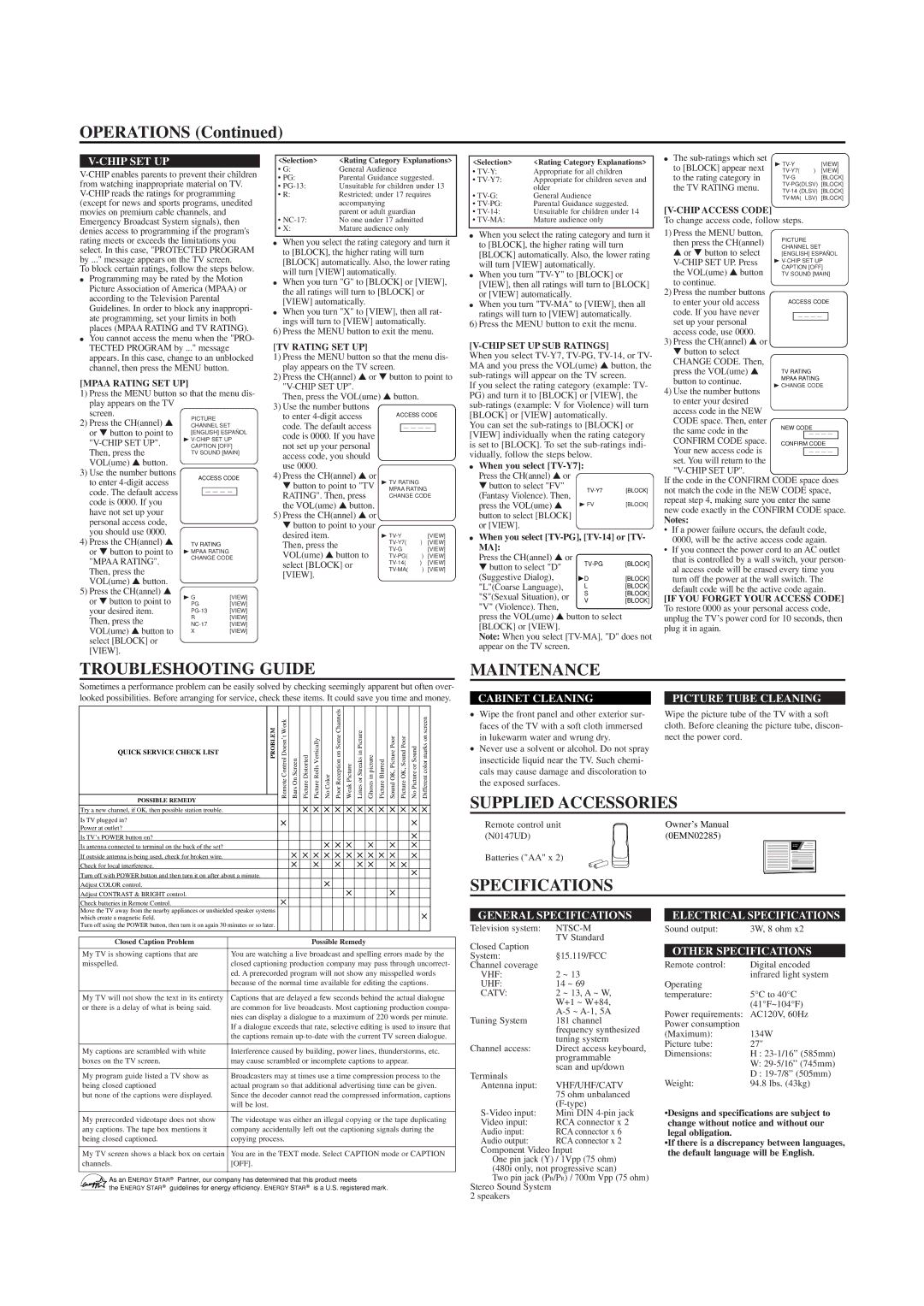 Sylvania SRT4127P owner manual Operations, Troubleshooting Guide, Maintenance, Supplied Accessories, Specifications 