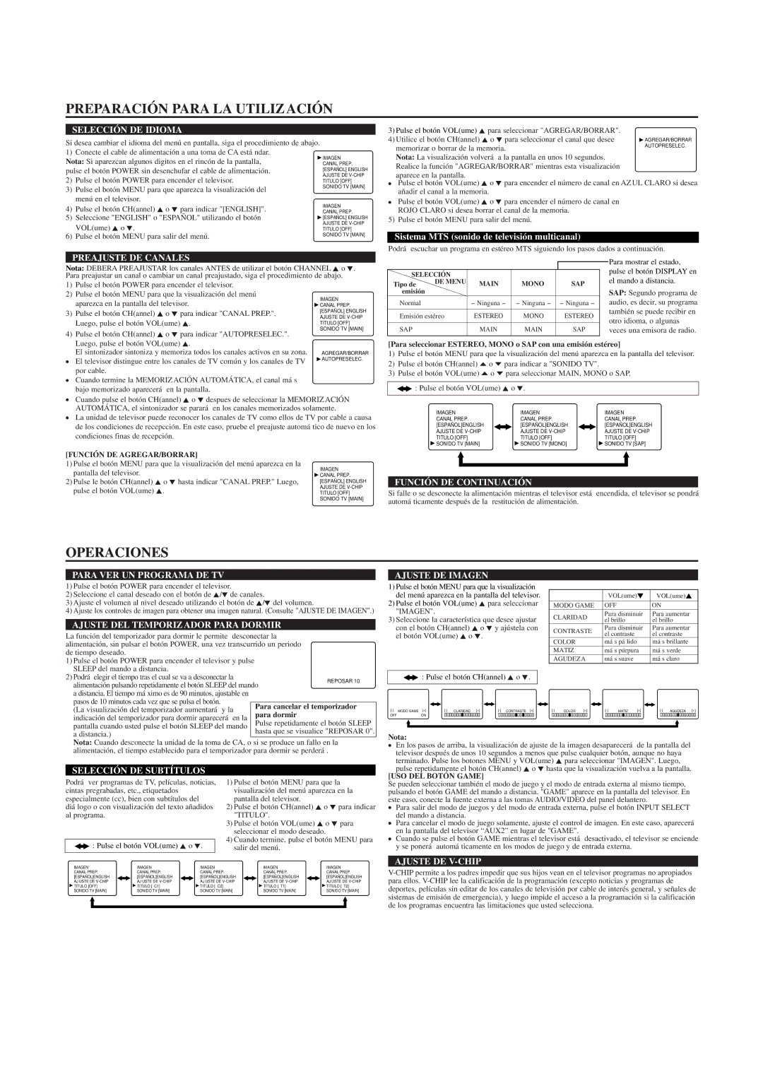 Sylvania SRT4127P owner manual Preparación Para LA Utilización, Operaciones 