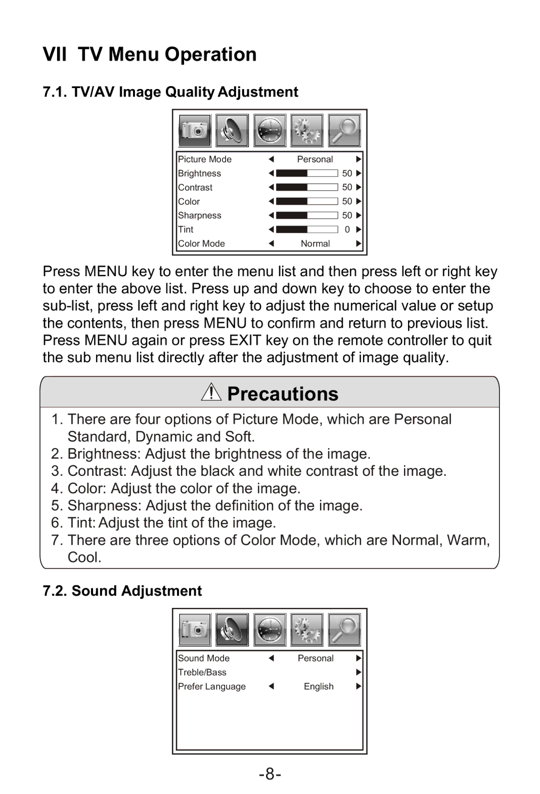 Sylvania SRT702A manual VII TV Menu Operation, TV/AV Image Quality Adjustment, Sound Adjustment 