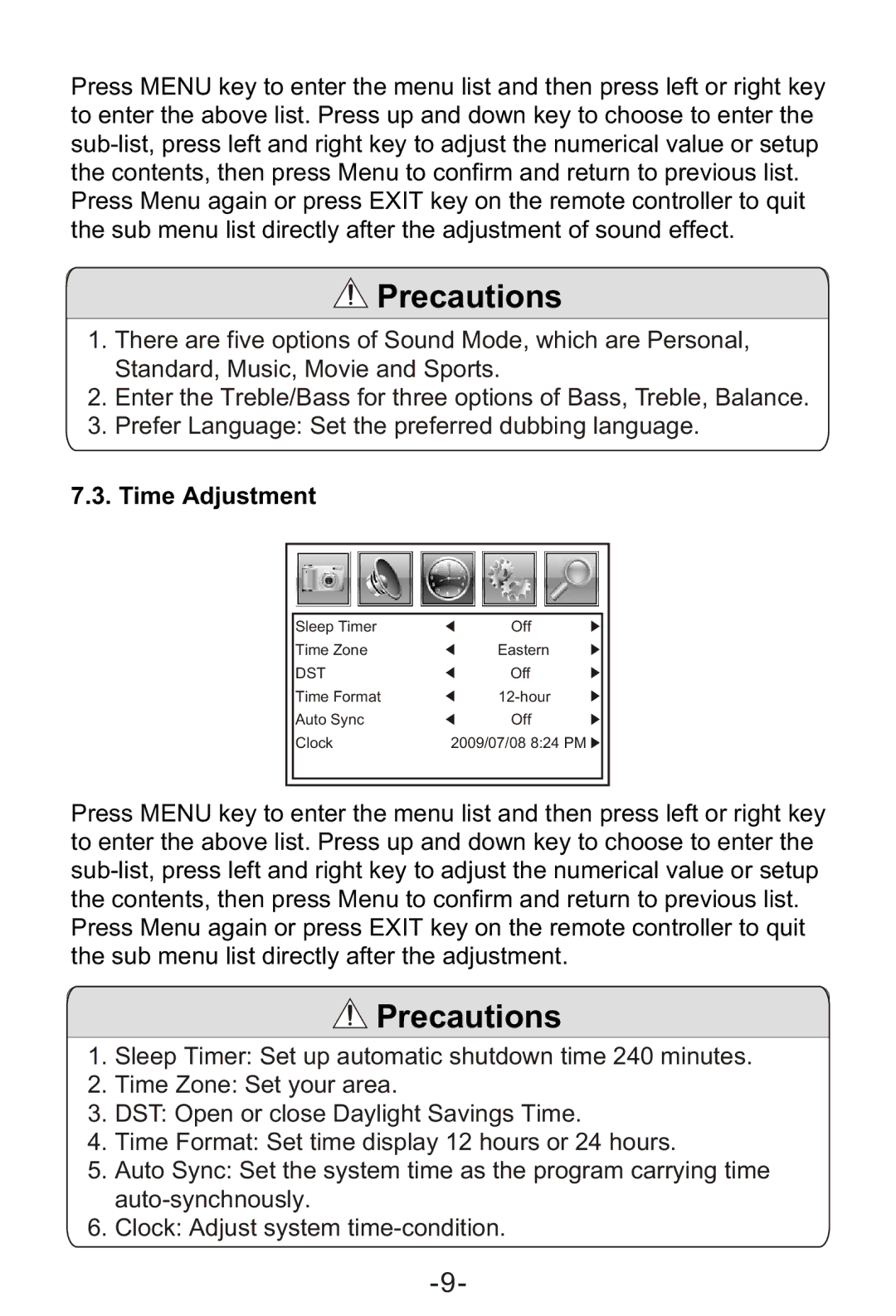 Sylvania SRT702A manual Time Adjustment 