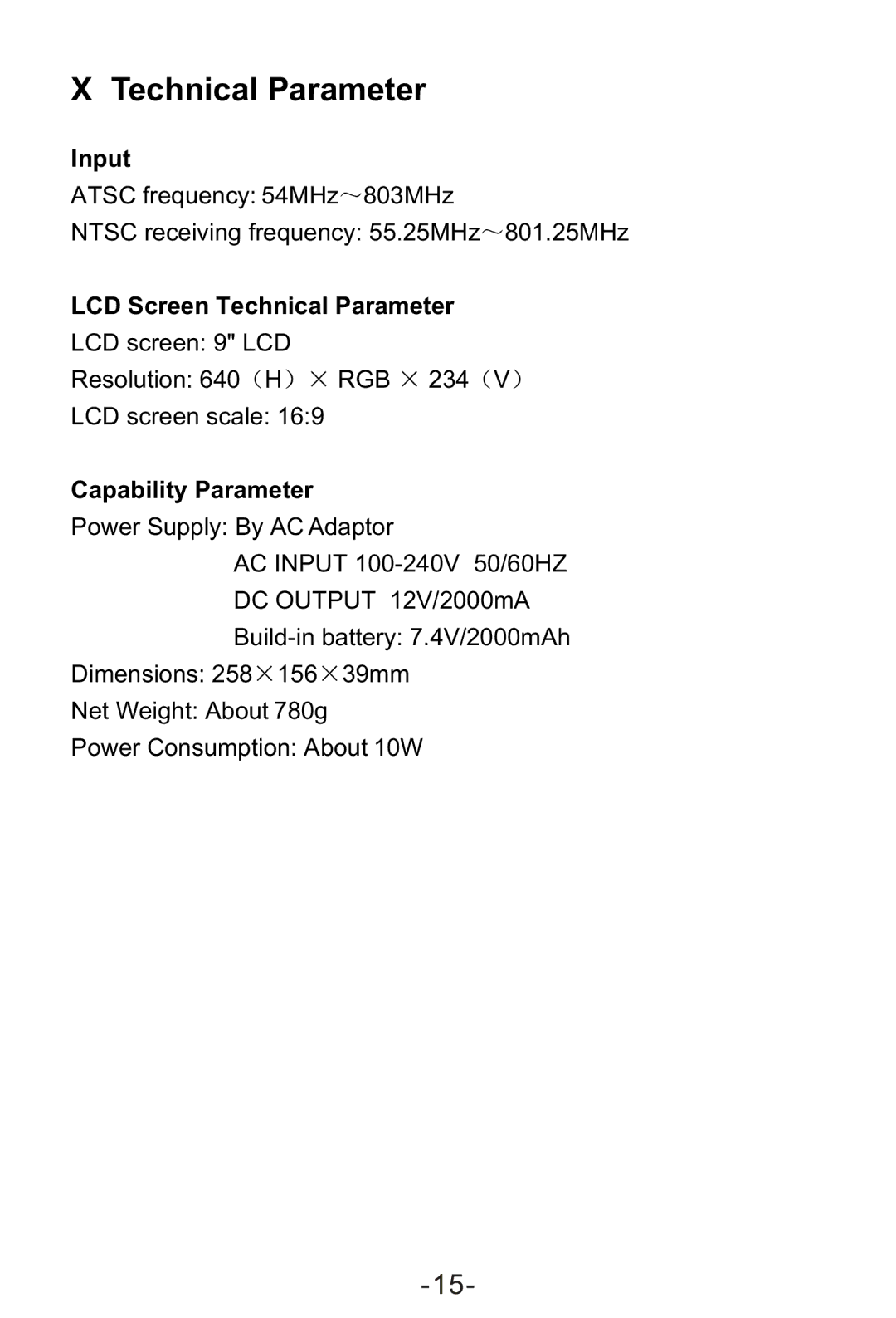 Sylvania SRT902A manual Input, LCD Screen Technical Parameter, Capability Parameter 