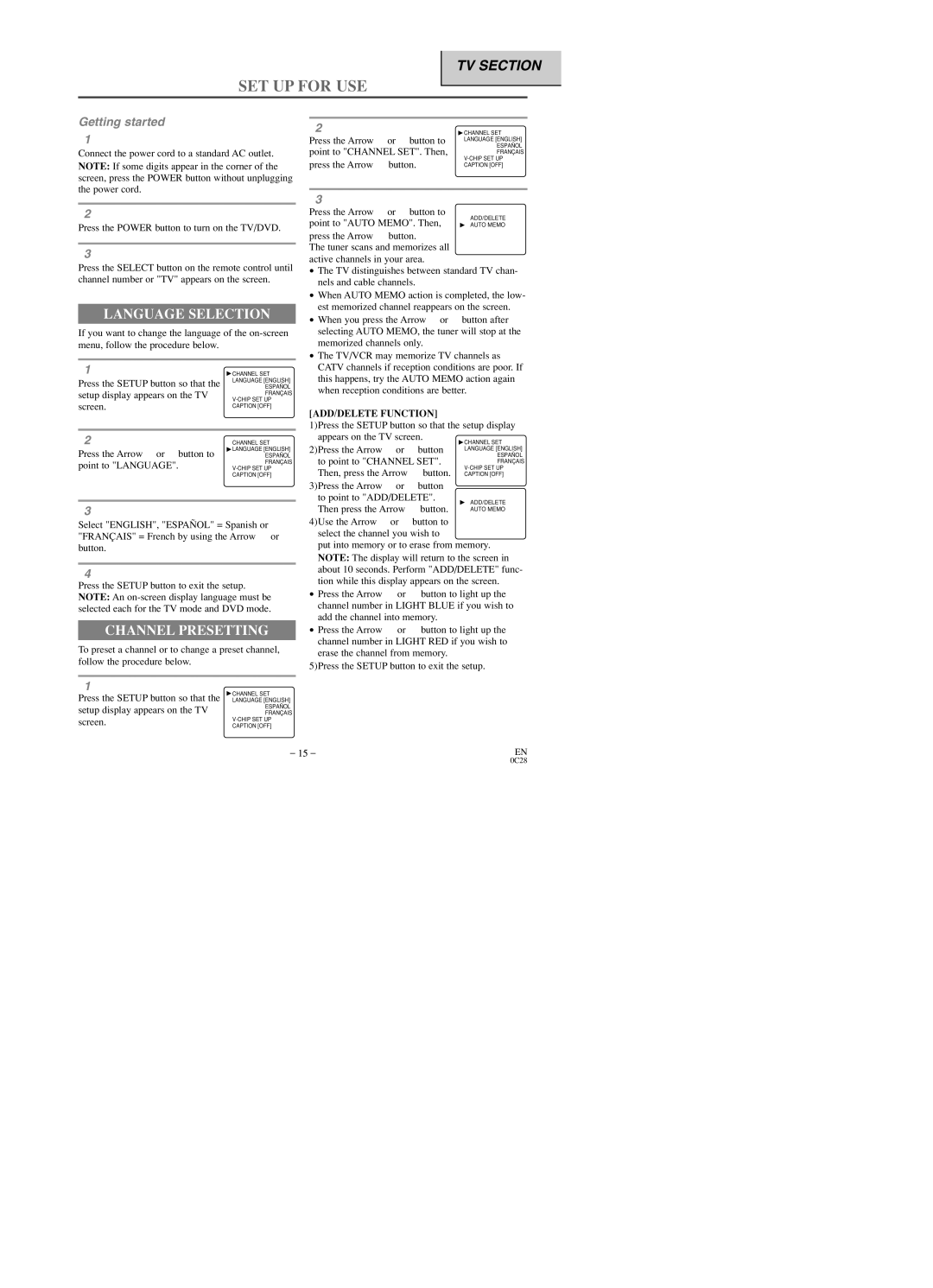 Sylvania SRTD219 owner manual SET UP for USE, Language Selection, Channel Presetting, ADD/DELETE Function 