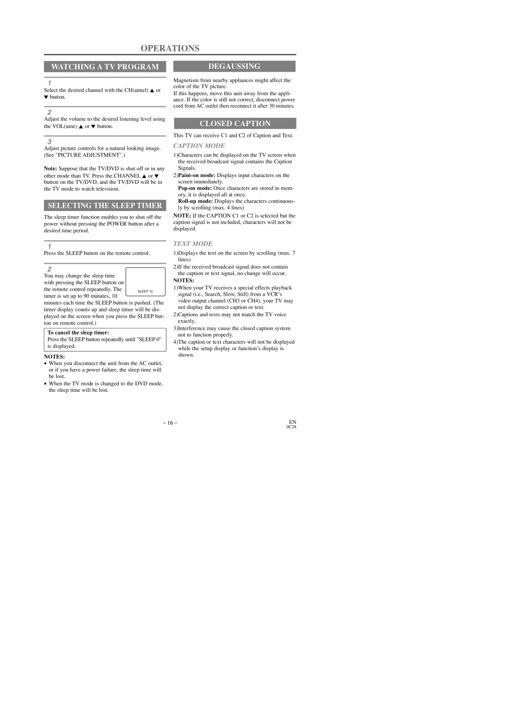 Sylvania SRTD219 owner manual Operations, Watching a TV Program, Selecting the Sleep Timer, Degaussing, Closed Caption 