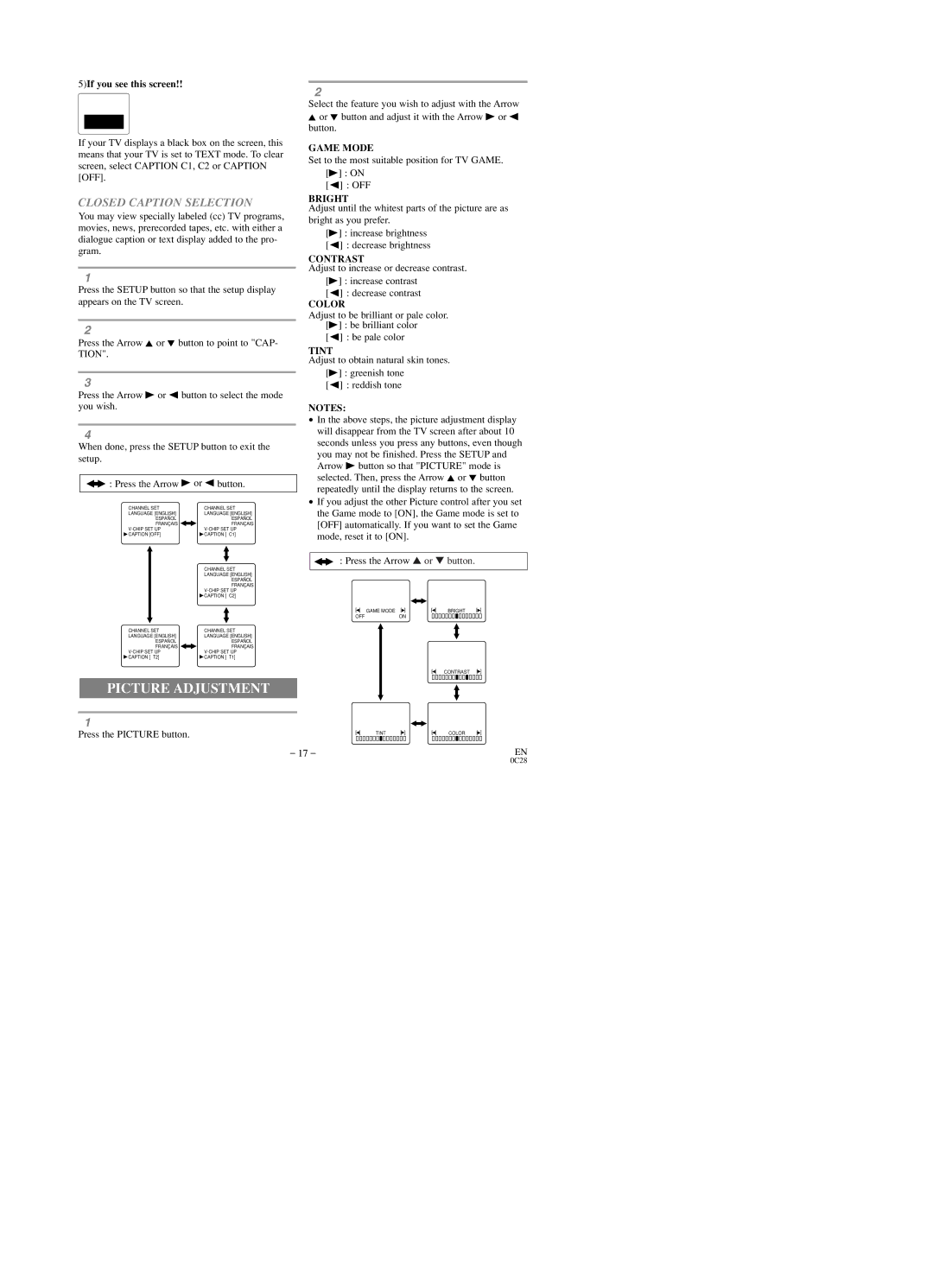 Sylvania SRTD219 owner manual Picture Adjustment, Closed Caption Selection 