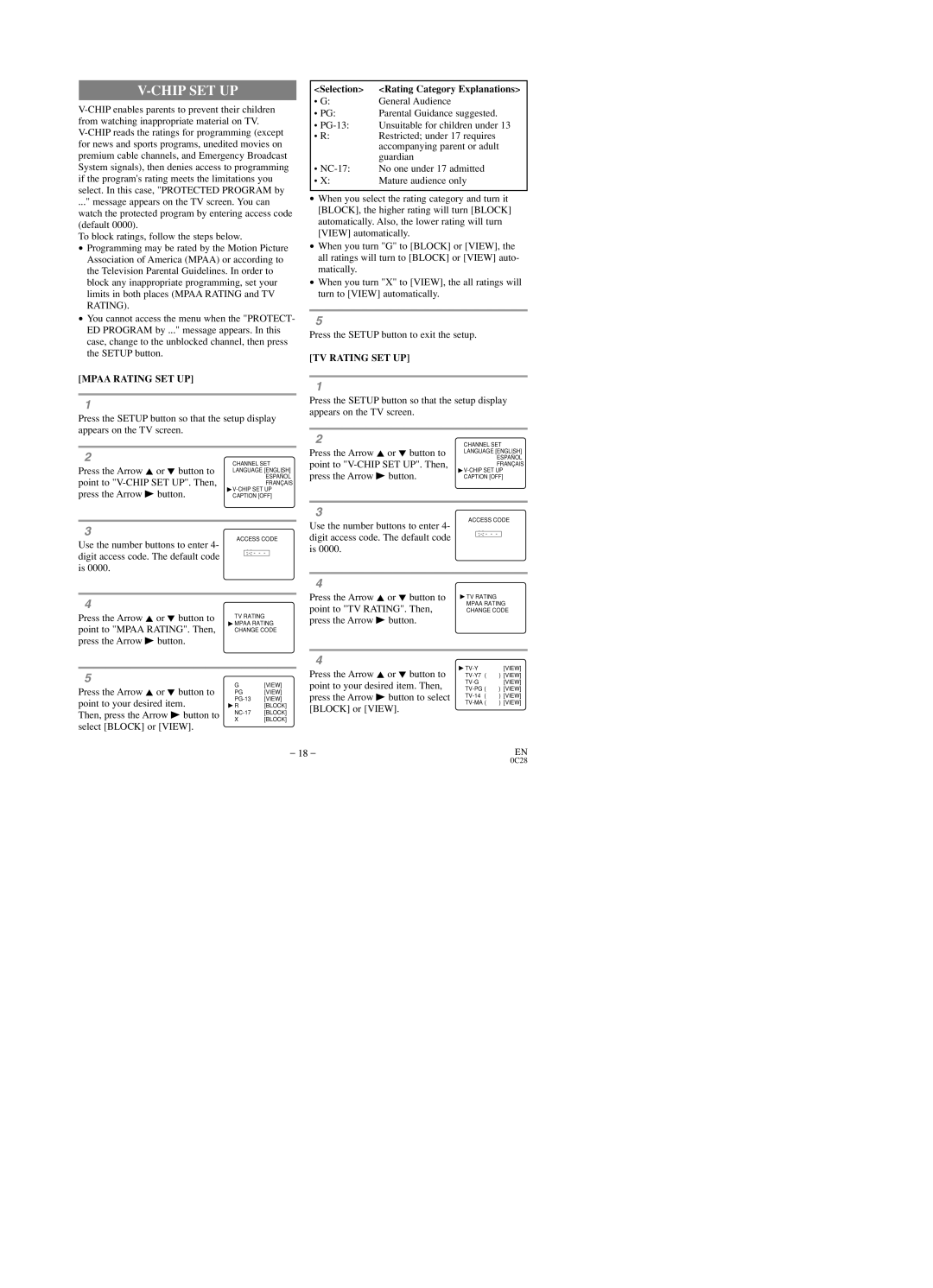 Sylvania SRTD219 owner manual Chip SET UP, Mpaa Rating SET UP, Selection Rating Category Explanations, TV Rating SET UP 