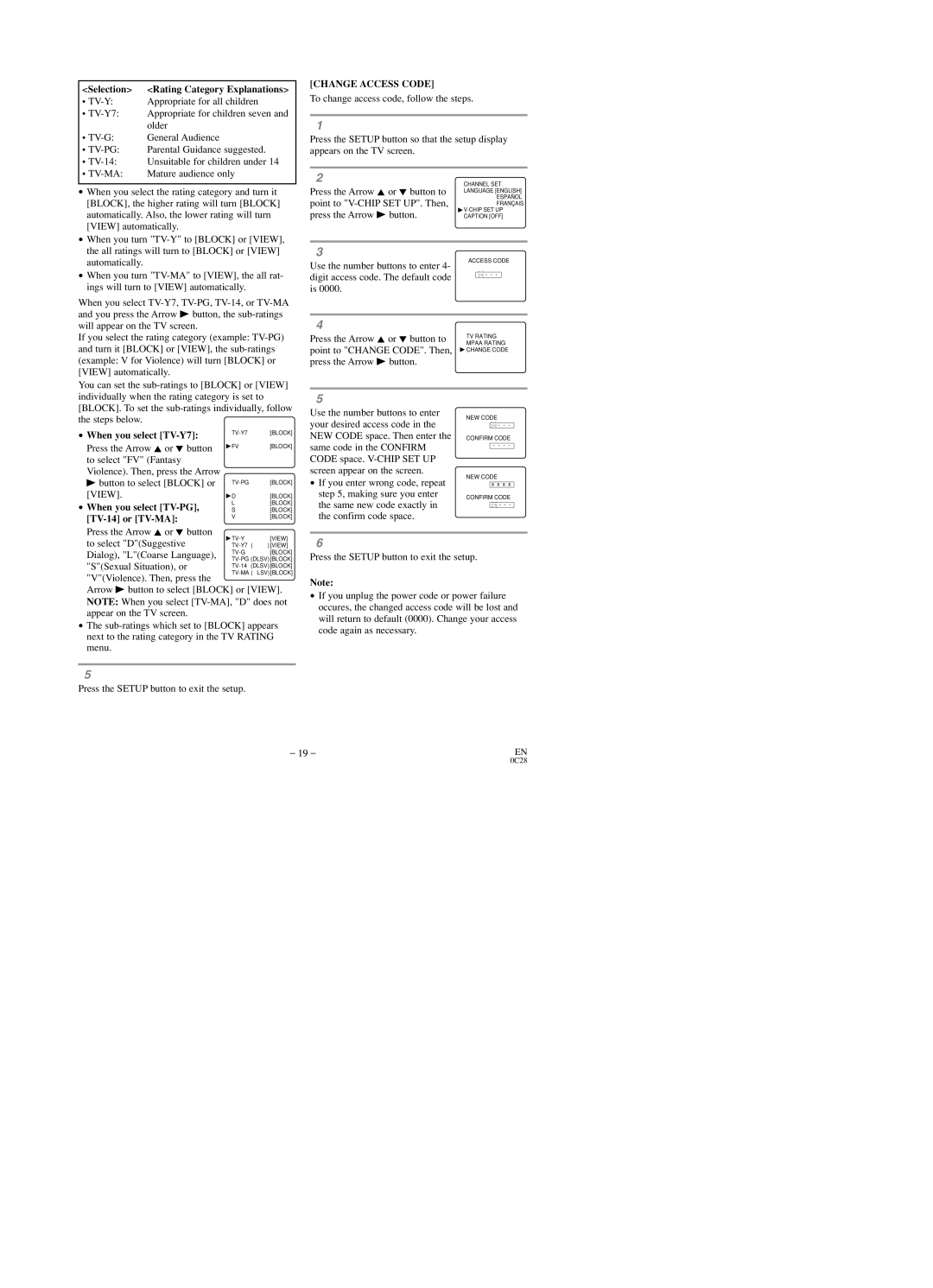 Sylvania SRTD219 owner manual Change Access Code, When you select TV-Y7, When you select TV-PG, TV-14 or TV-MA 