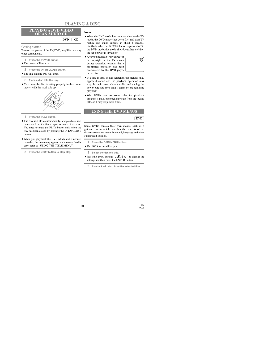 Sylvania SRTD219 owner manual Playing a Disc, Playing a DVD Video Or AN Audio CD, Using the DVD Menus 