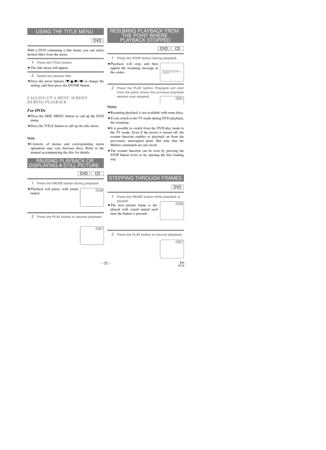 Sylvania SRTD219 owner manual Using the Title Menu, Stepping Through Frames, Calling UP a Menu Screen During Playback 