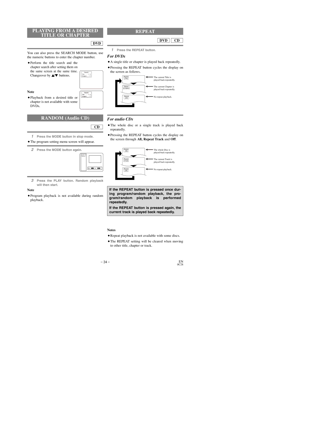 Sylvania SRTD219 owner manual Playing from a Desired Title or Chapter, Repeat, Random Audio CD 