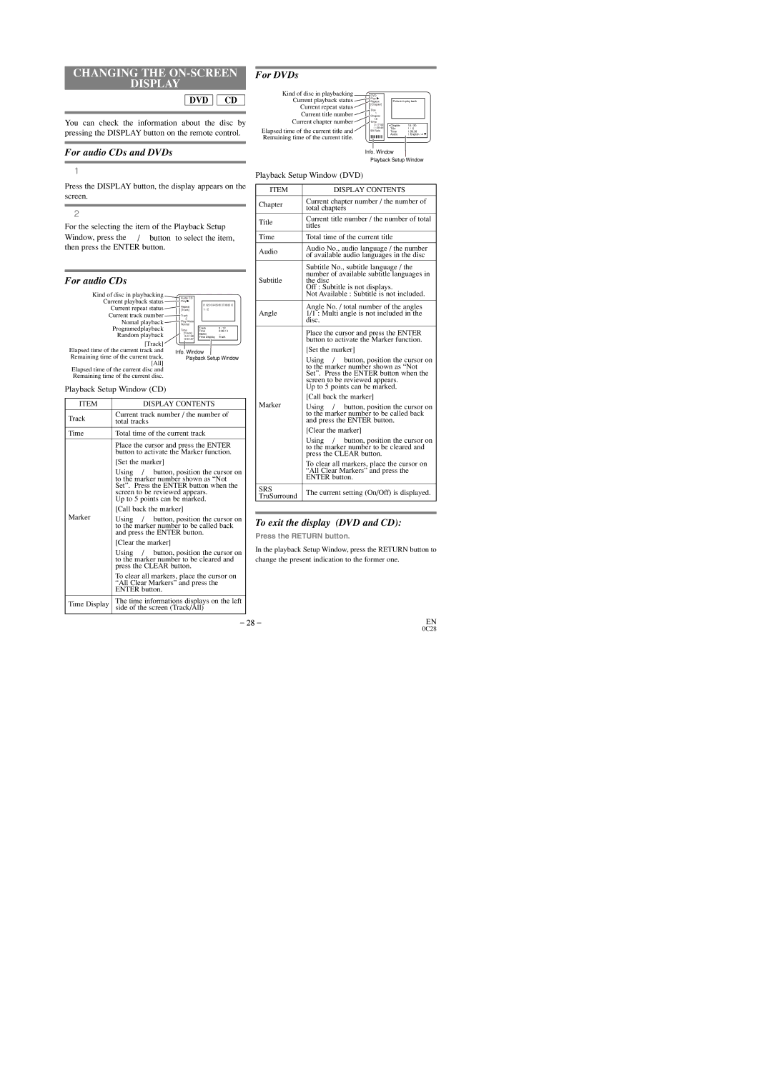 Sylvania SRTD219 owner manual Changing the ON-SCREEN Display, Playback Setup Window CD 