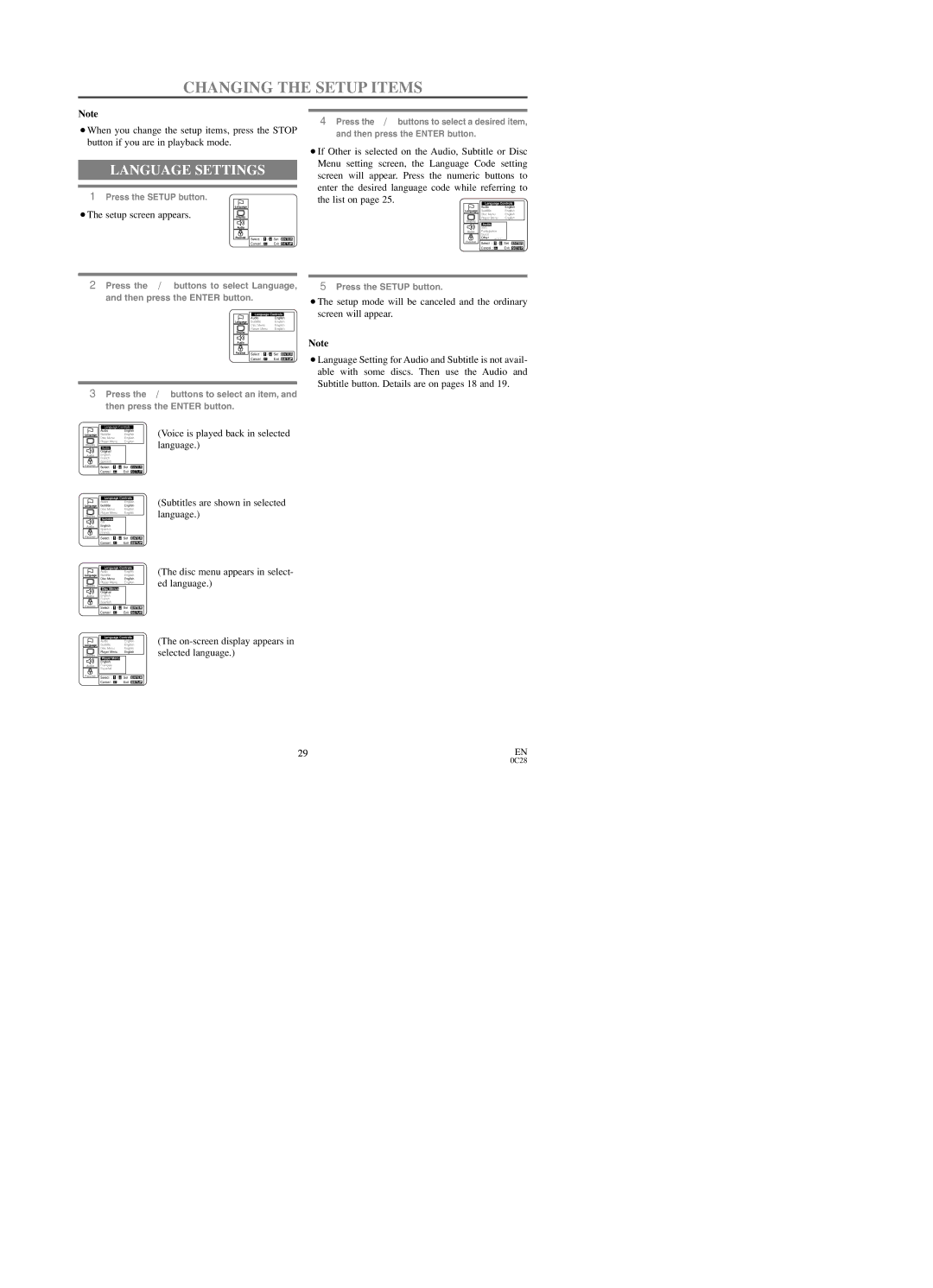 Sylvania SRTD219 owner manual Changing the Setup Items, Language Settings, ¡The setup screen appears 