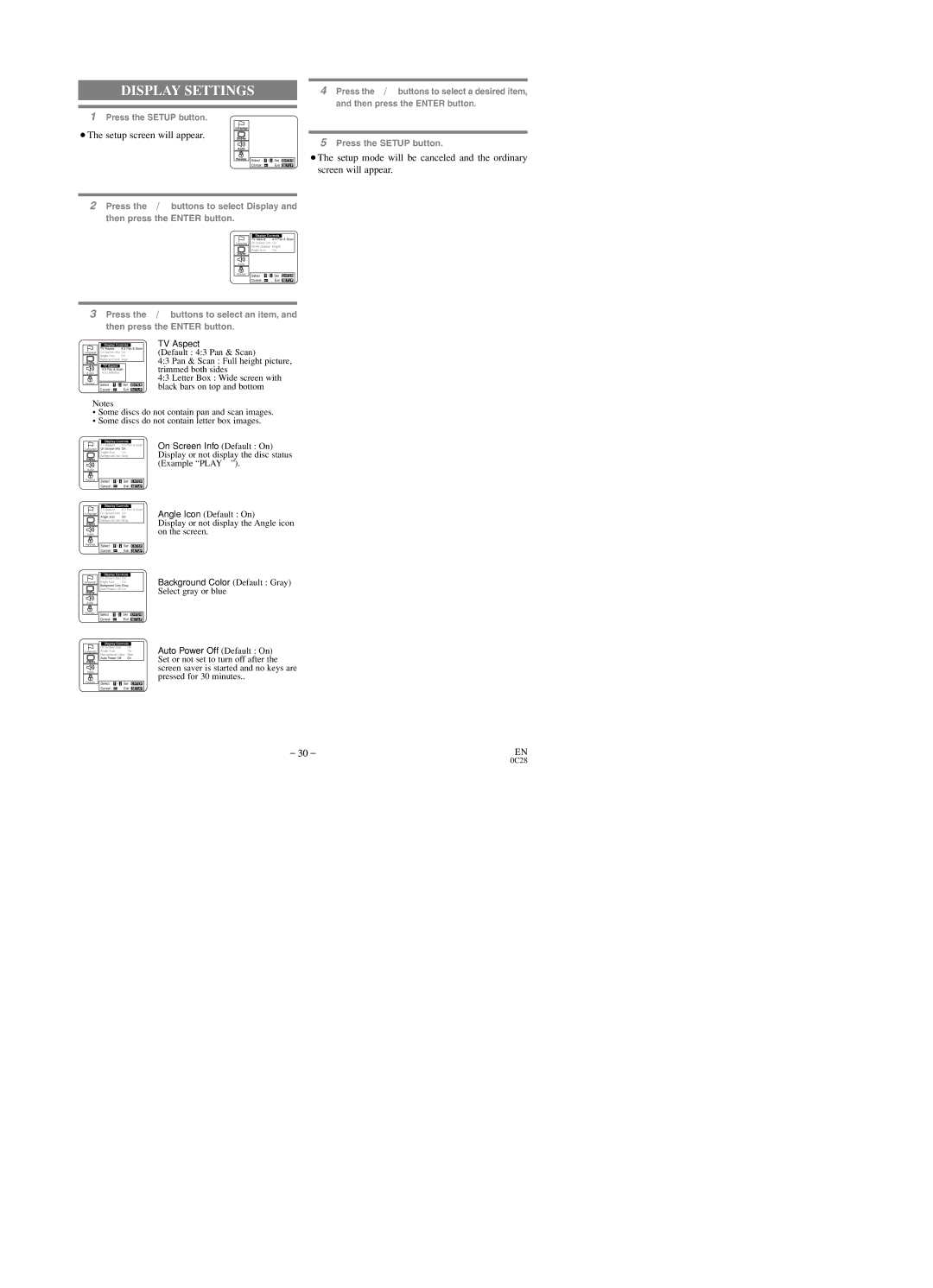 Sylvania SRTD219 owner manual Display Settings, ¡The setup screen will appear 