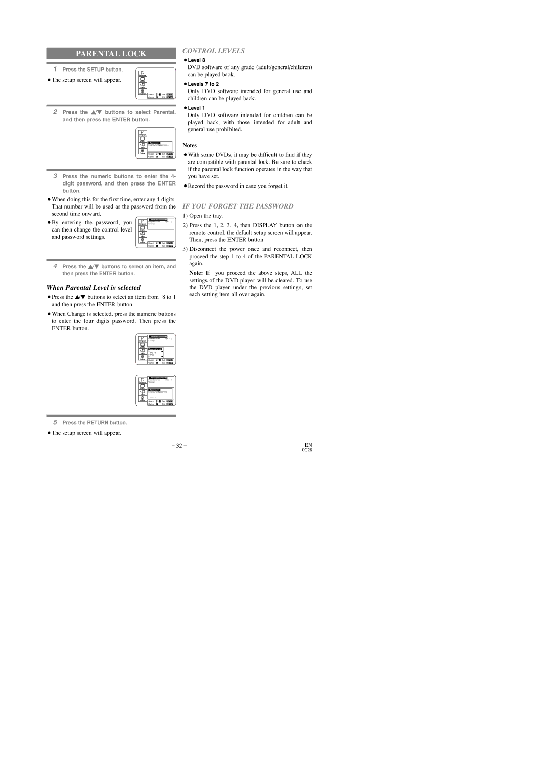 Sylvania SRTD219 owner manual Parental Lock, Control Levels, If YOU Forget the Password 