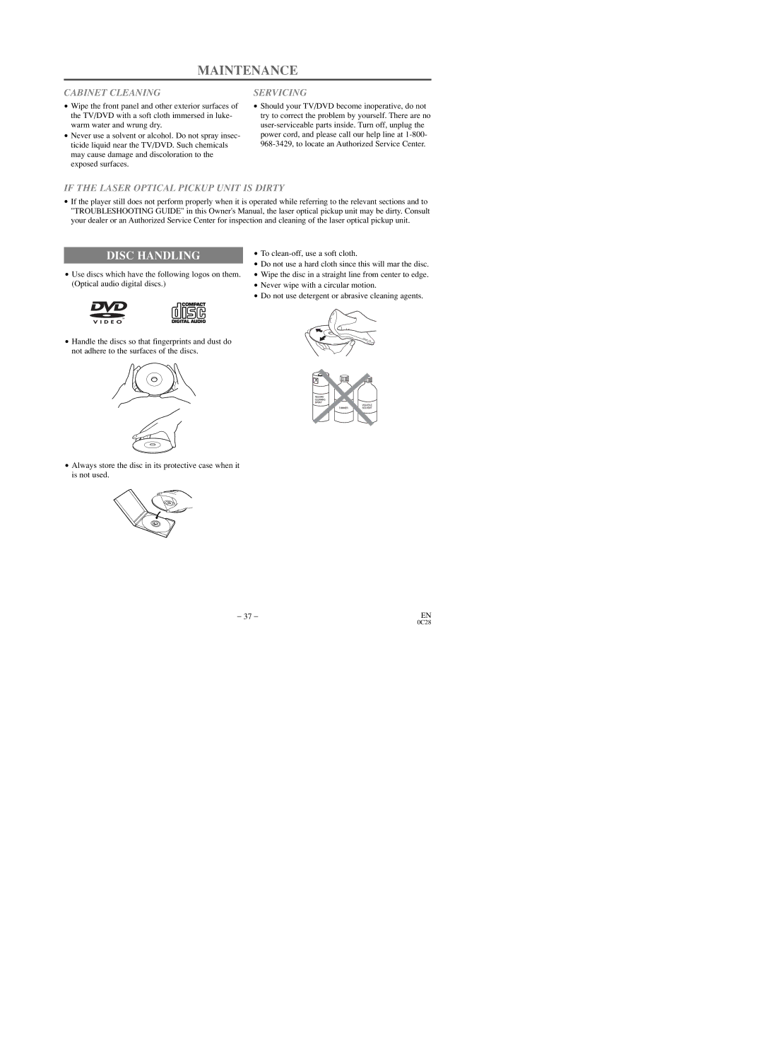 Sylvania SRTD219 Maintenance, Disc Handling, Cabinet Cleaning, Servicing, If the Laser Optical Pickup Unit is Dirty 