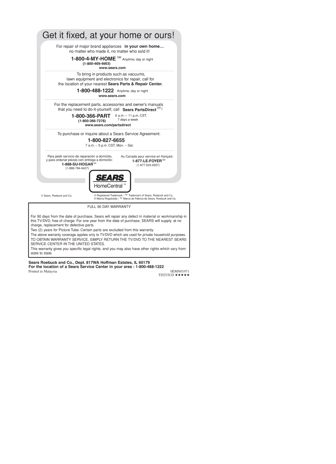 Sylvania SRTD219 owner manual 0EMN01971, TD253UD 