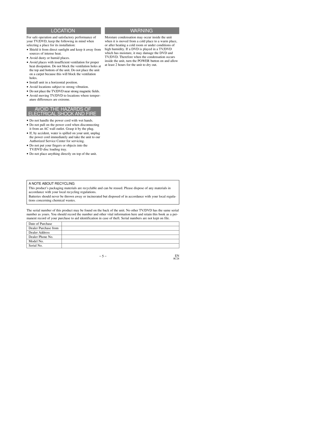 Sylvania SRTD219 owner manual Locationwarning, Avoid the Hazards Electrical Shock and Fire 