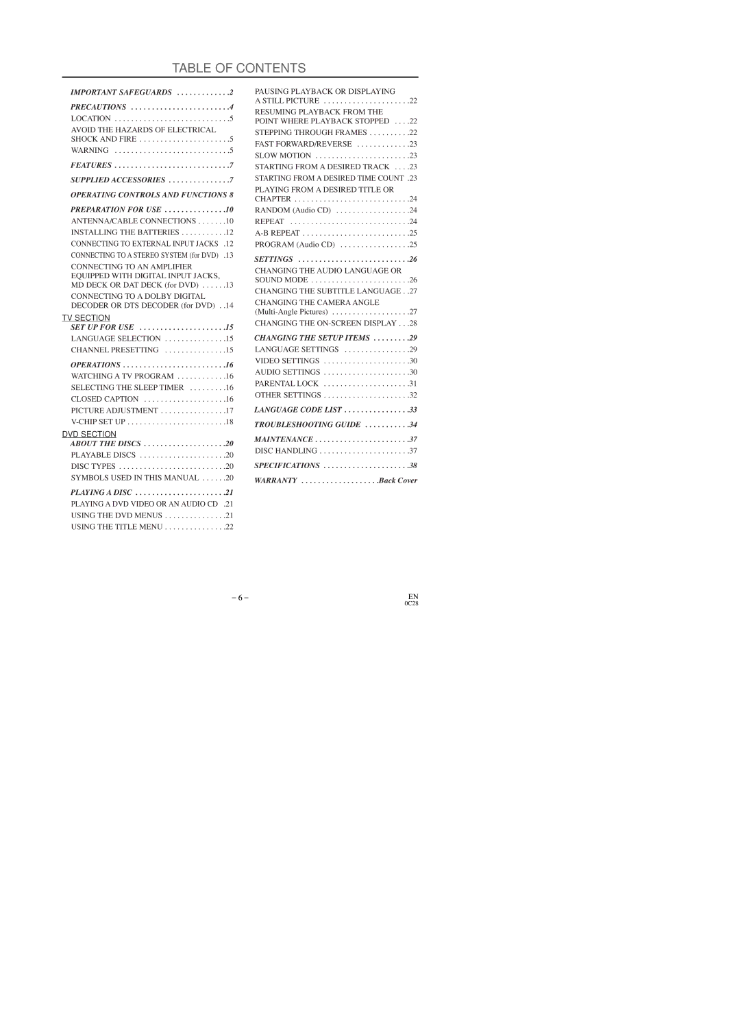 Sylvania SRTD219 owner manual Table of Contents 