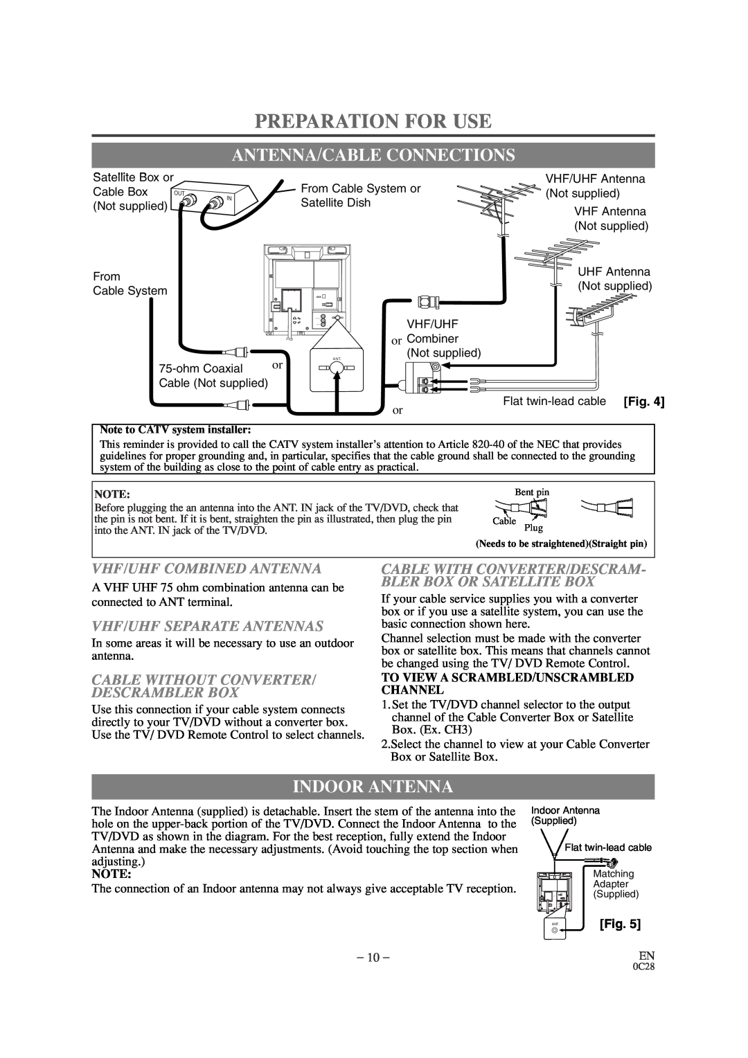 Sylvania SRTD309 owner manual Preparation For Use, Antenna/Cable Connections, Indoor Antenna, Vhf/Uhf Combined Antenna 