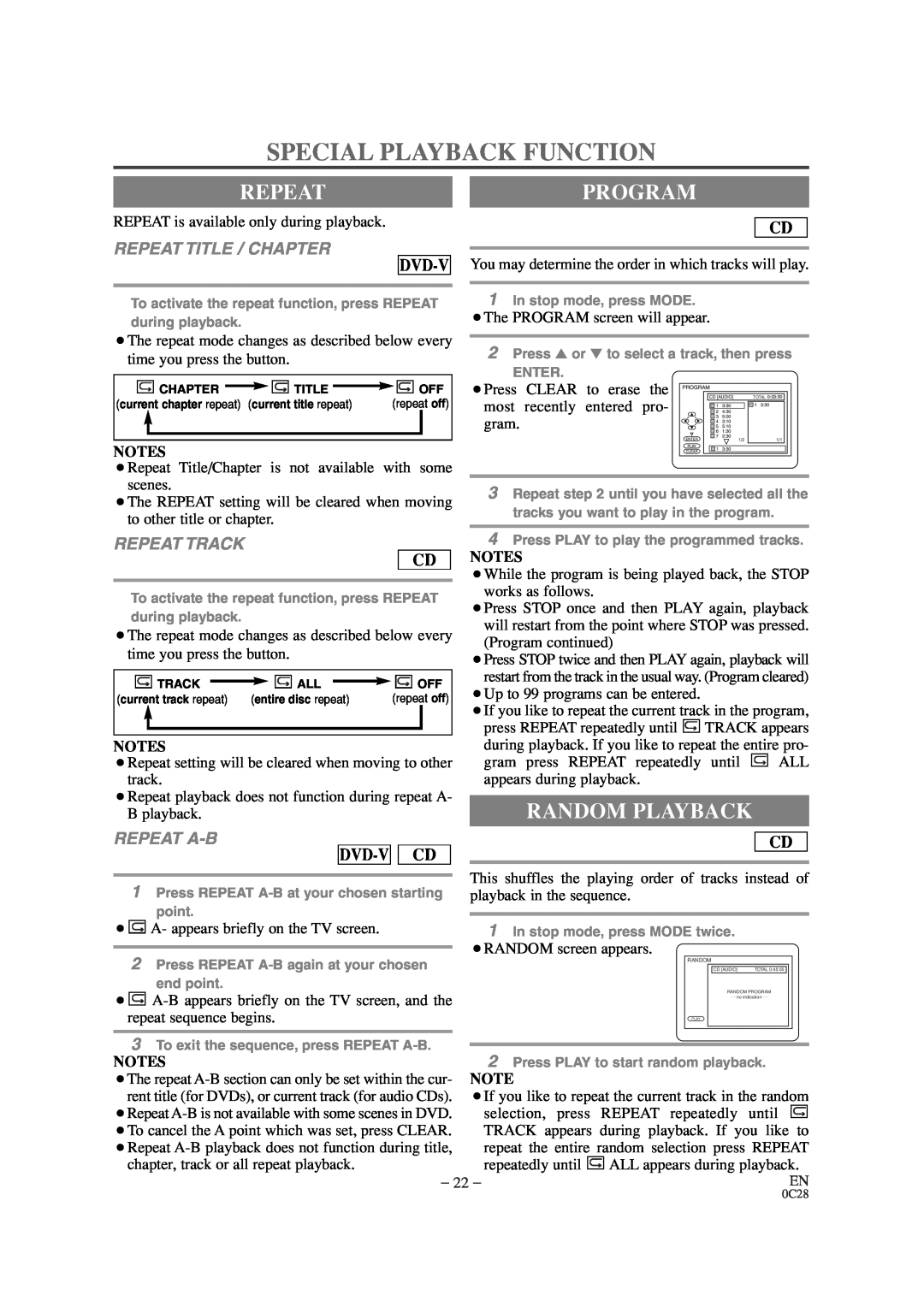 Sylvania SRTD309 Special Playback Function, Repeatprogram, Random Playback, Repeat Title / Chapter, Repeat Track, Dvd-V 