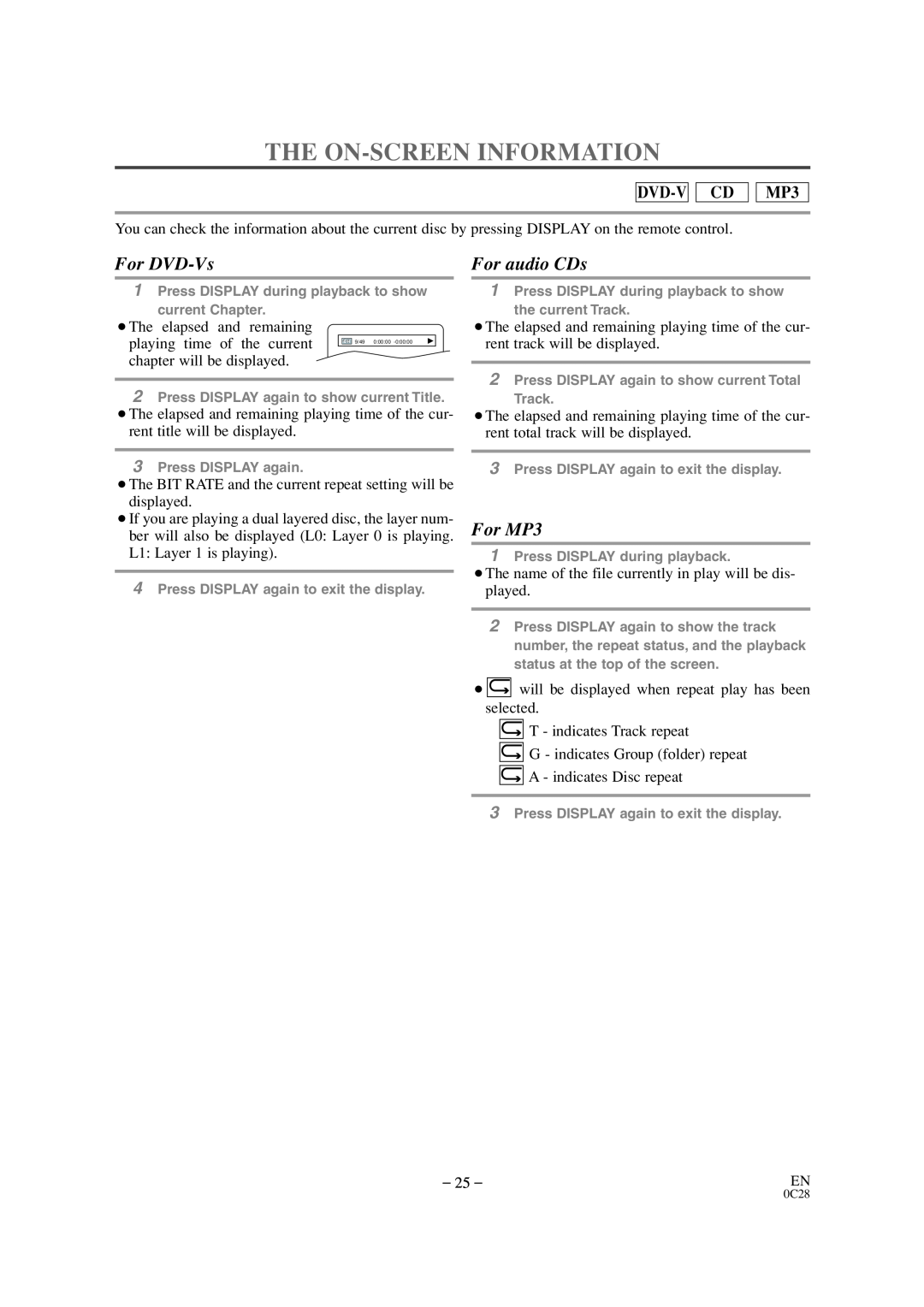 Sylvania SRTD309 owner manual The On-Screen Information, For audio CDs, For MP3, For DVD-Vs, Dvd-V Cd 