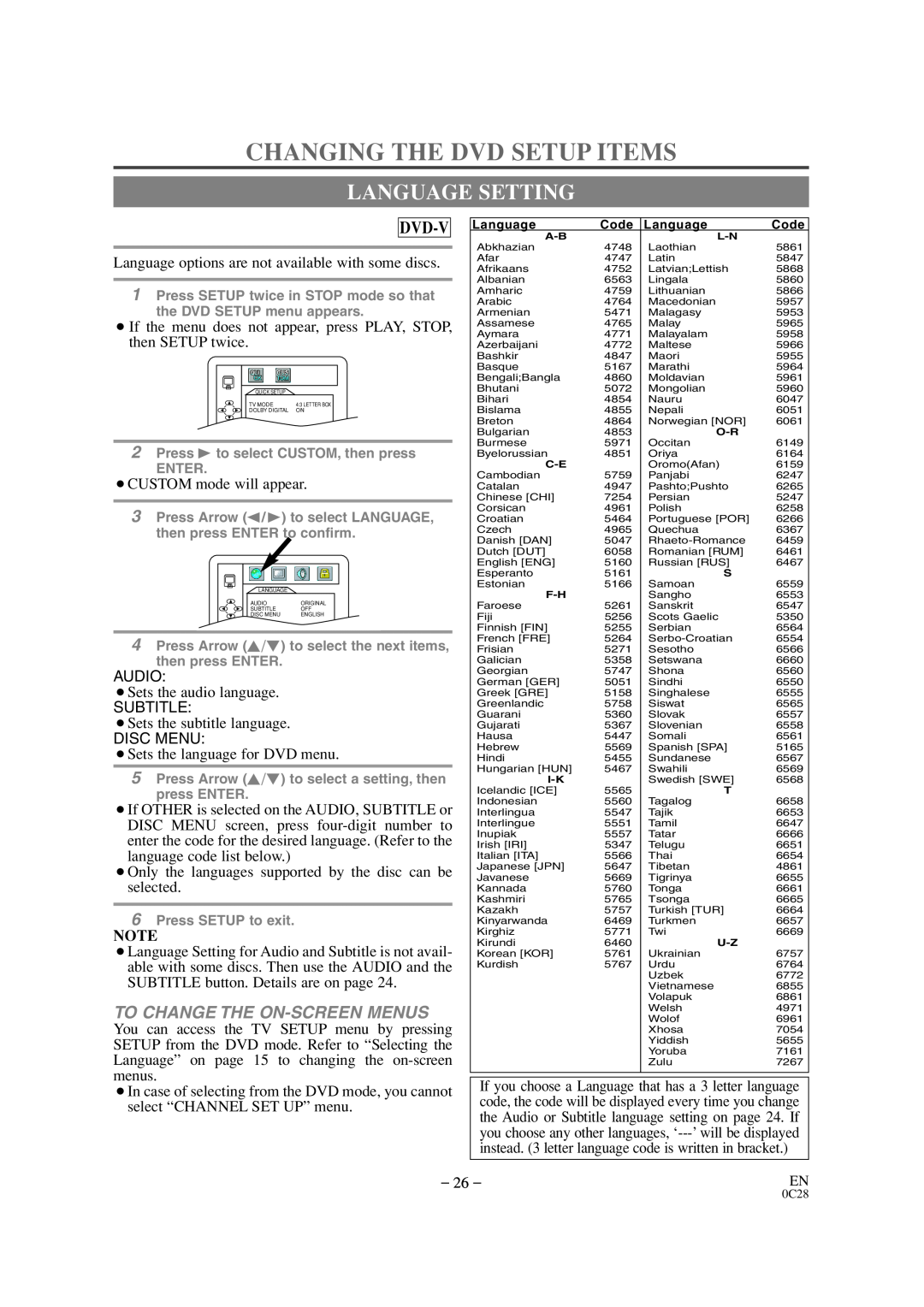 Sylvania SRTD309 owner manual Changing The Dvd Setup Items, Language Setting, To Change The On-Screen Menus, Dvd-V 