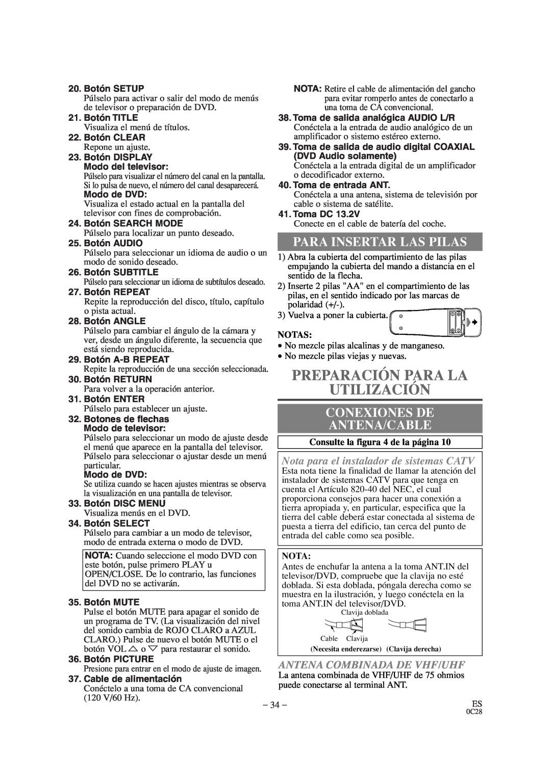 Sylvania SRTD309 owner manual Preparación Para La Utilización, Para Insertar Las Pilas, Conexiones De, Antena/Cable, Notas 