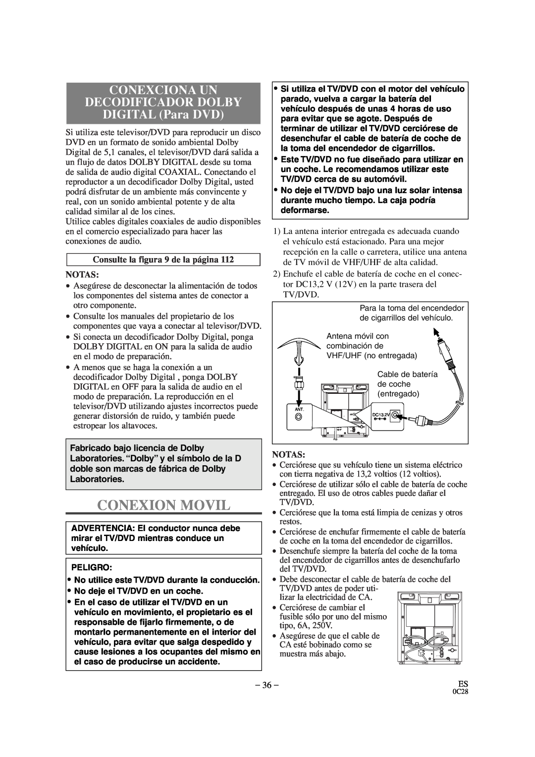 Sylvania SRTD309 owner manual Conexion Movil, CONEXCIONA UN DECODIFICADOR DOLBY DIGITAL Para DVD, Notas 