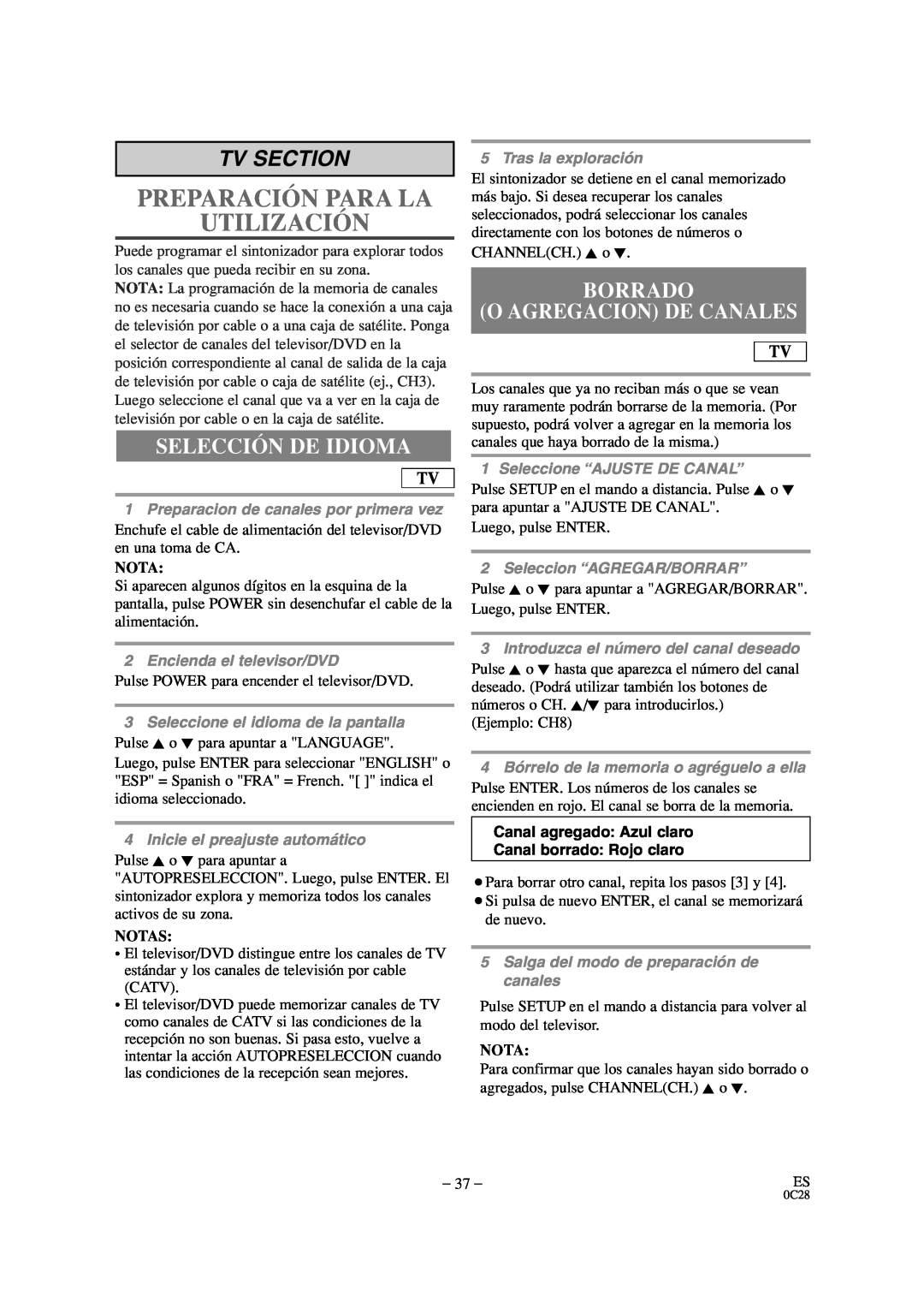 Sylvania SRTD309 Selección De Idioma, Borrado O Agregacion De Canales, Preparación Para La Utilización, Tv Section, Nota 