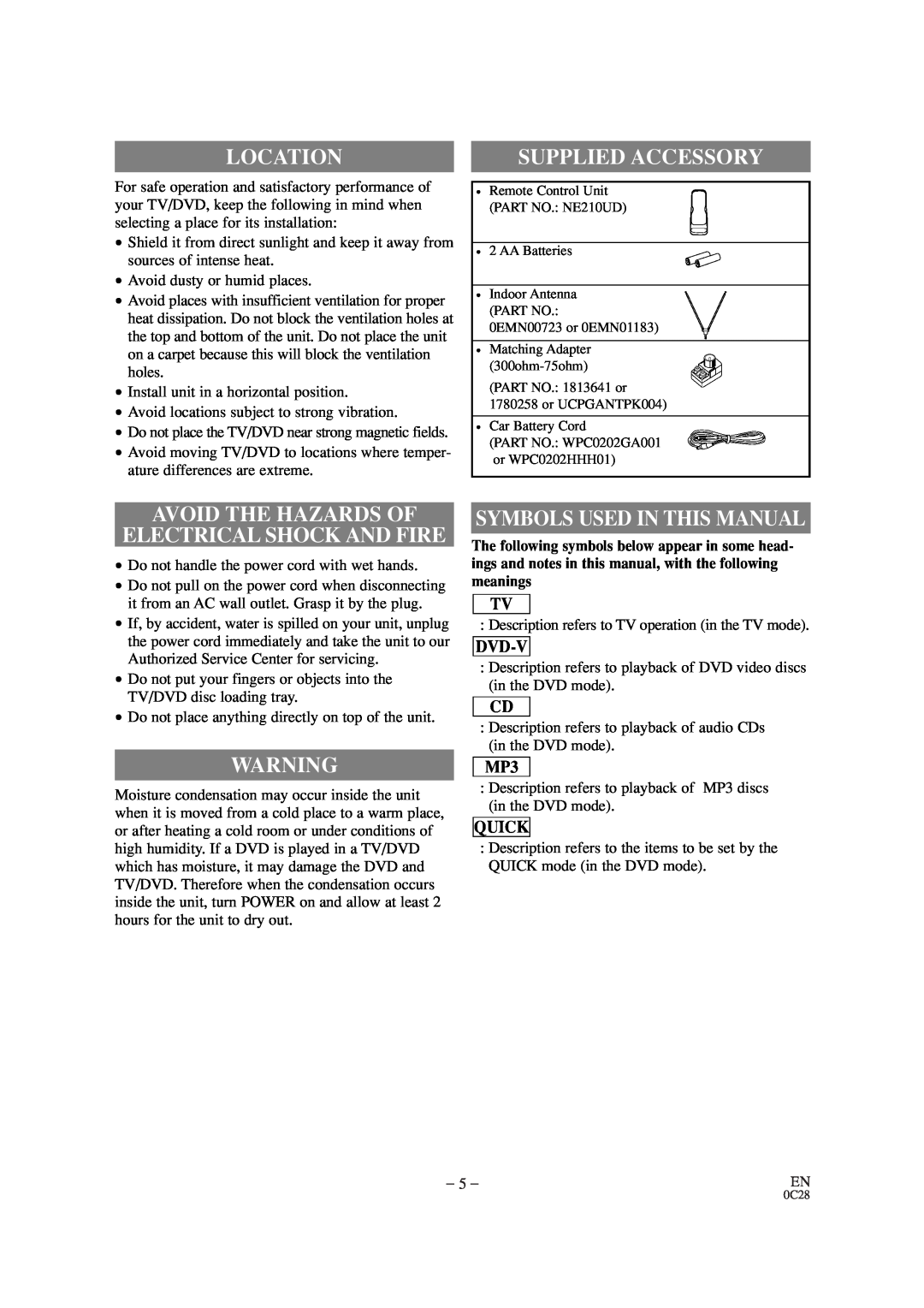 Sylvania SRTD309 Location, Supplied Accessory, Avoid The Hazards Of Electrical Shock And Fire, Symbols Used In This Manual 