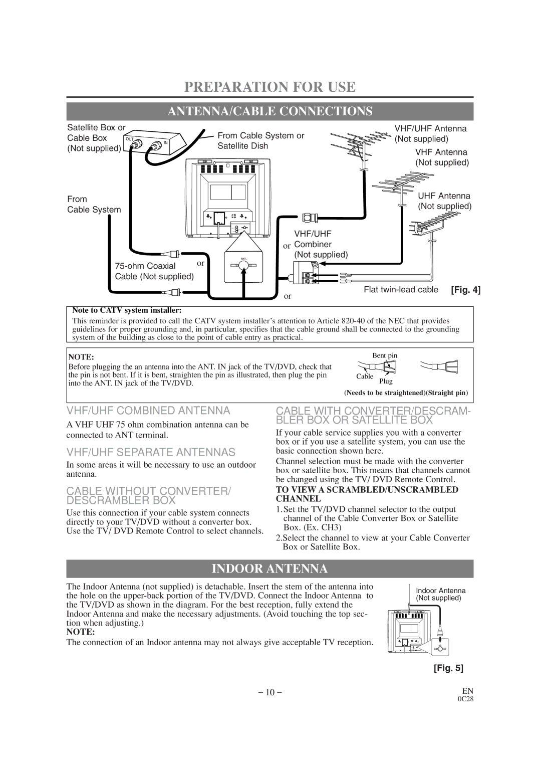 Sylvania SRTD319 owner manual Preparation for USE, ANTENNA/CABLE Connections, Indoor Antenna 