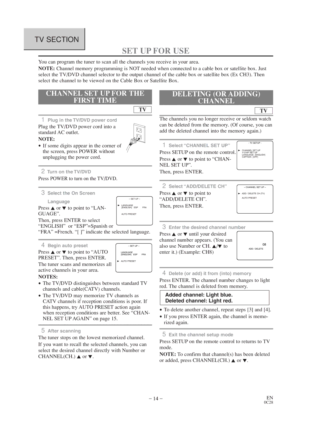 Sylvania SRTD319 owner manual SET UP for USE, Channel SET UP for First Time, Deleting or Adding Channel 