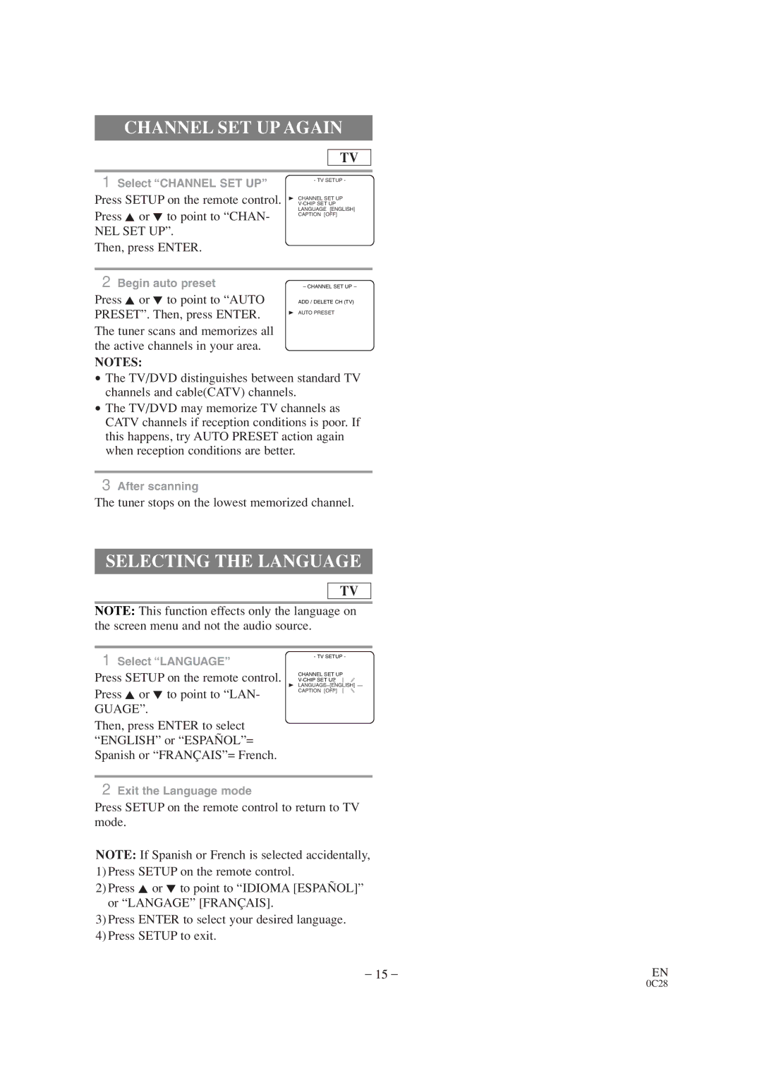 Sylvania SRTD319 owner manual Channel SET UP Again, Selecting the Language, Tuner stops on the lowest memorized channel 