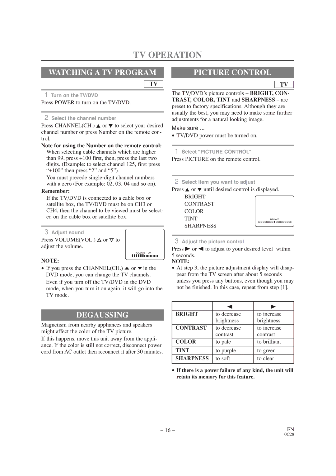 Sylvania SRTD319 owner manual TV Operation, Watching a TV Program, Degaussing, Picture Control 