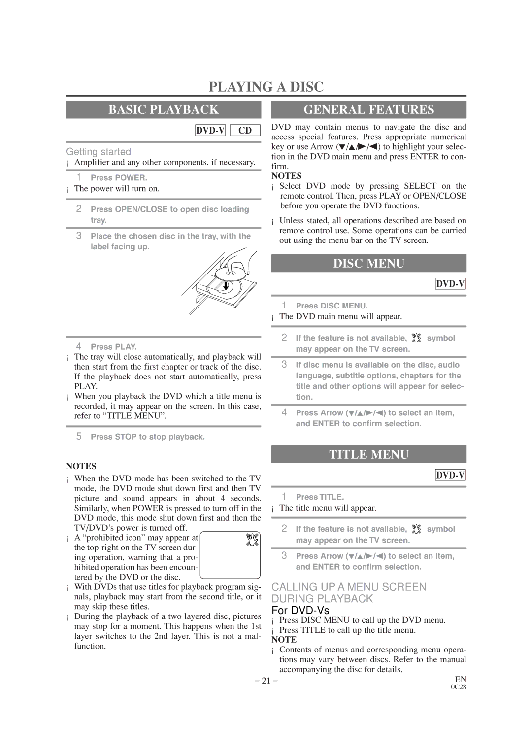 Sylvania SRTD319 owner manual Playing a Disc, Basic Playback, General Features, Disc Menu, Title Menu 