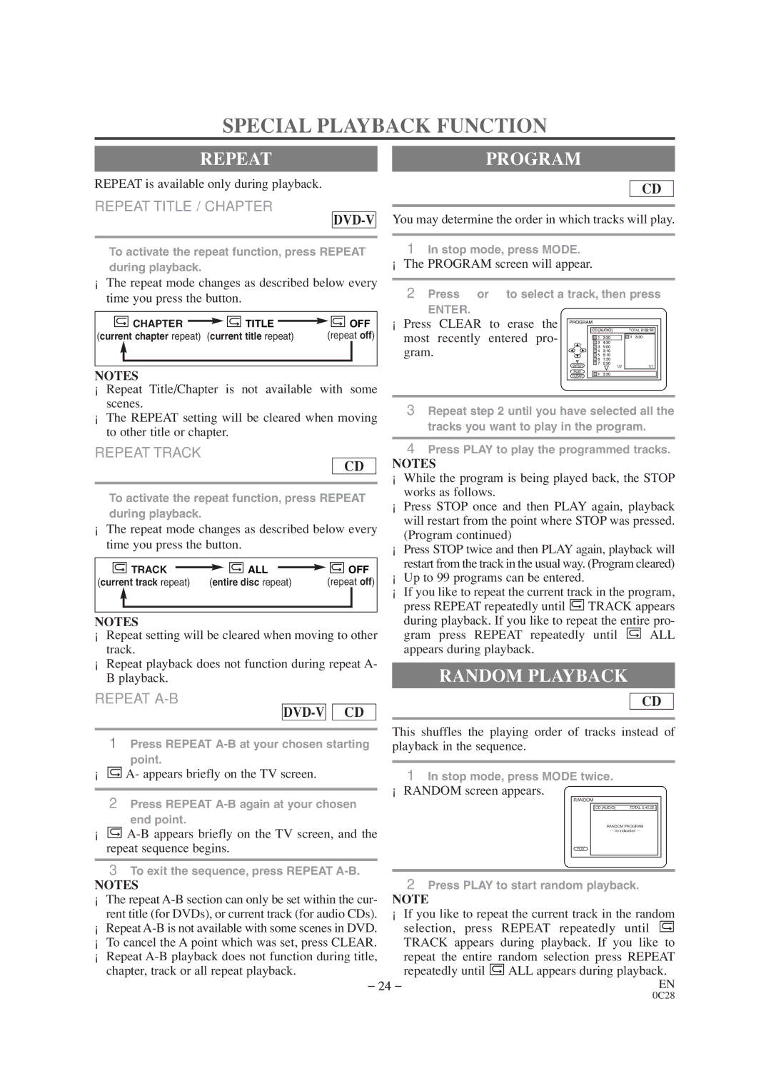 Sylvania SRTD319 owner manual Special Playback Function, Repeatprogram, Random Playback 