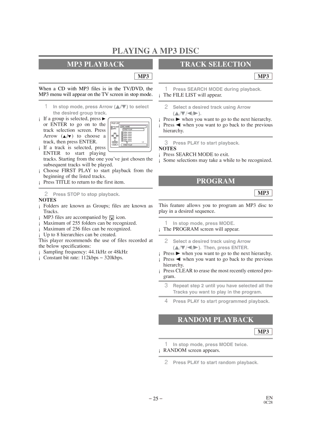 Sylvania SRTD319 owner manual Playing a MP3 Disc, MP3 Playback, Track Selection, Program, ¡The File List will appear 