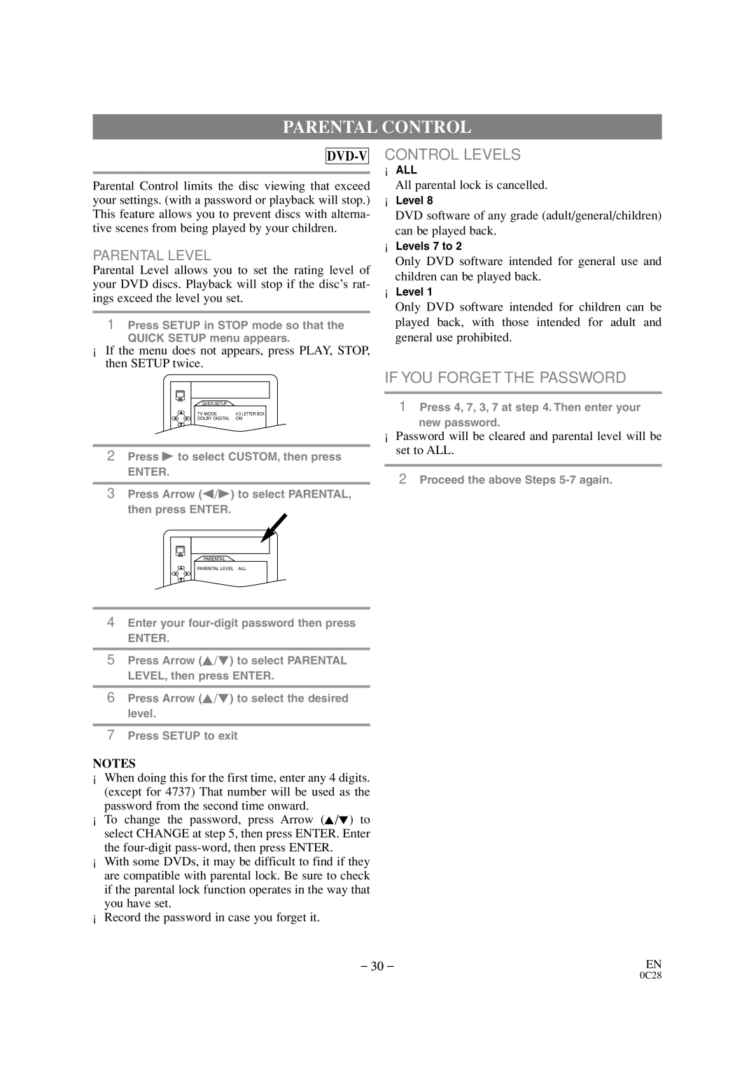 Sylvania SRTD319 owner manual Parental Control, All parental lock is cancelled 