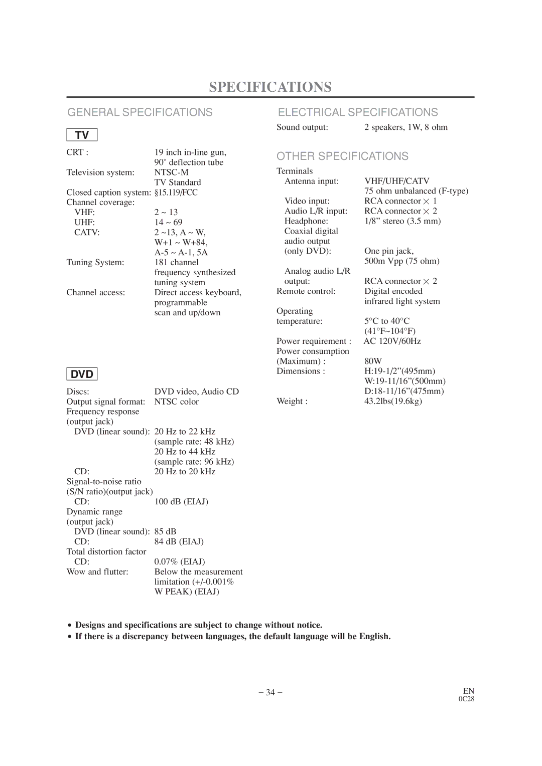 Sylvania SRTD319 owner manual General Specifications, Electrical Specifications, Other Specifications 