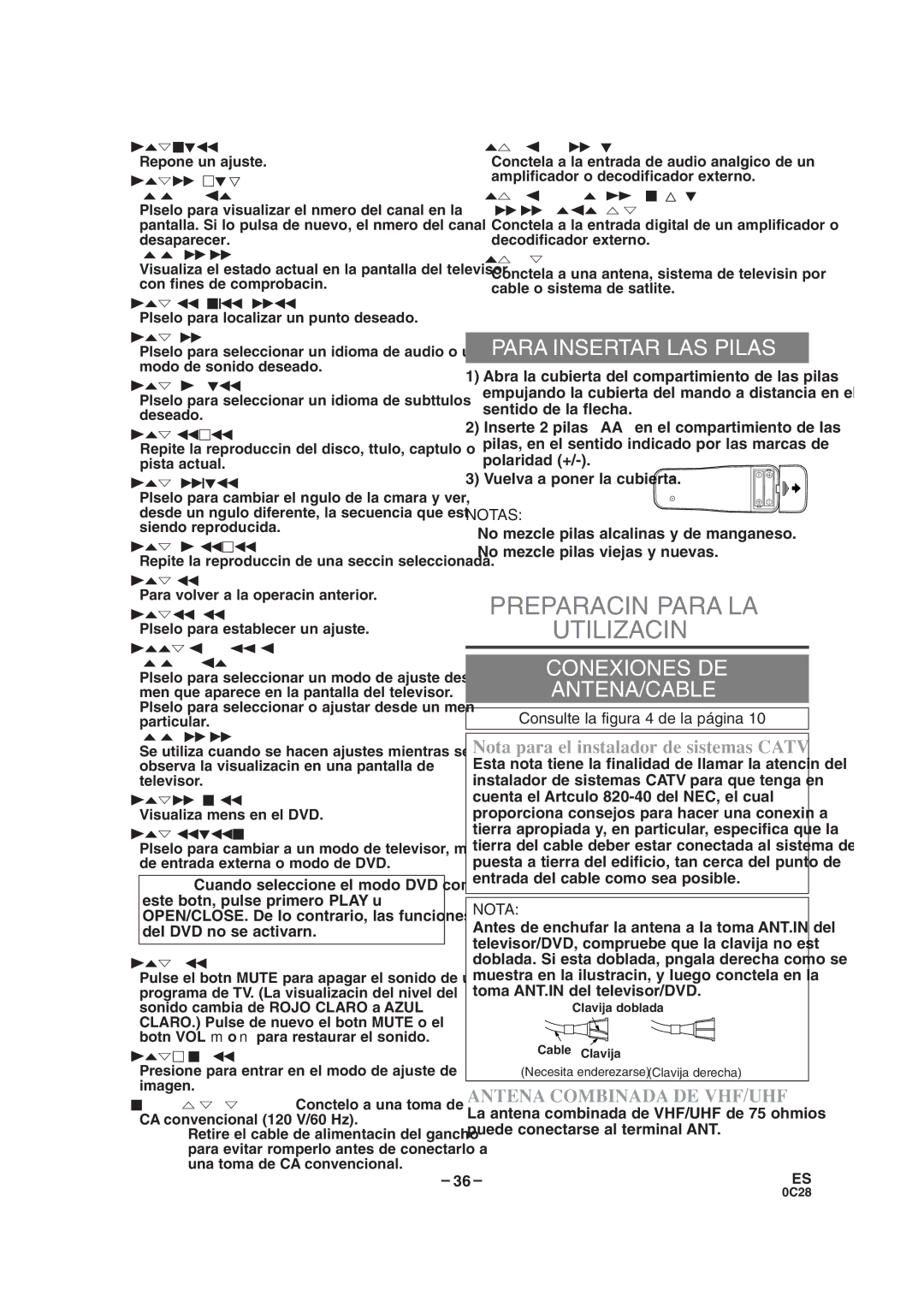 Sylvania SRTD319 owner manual Preparación Para LA Utilización, Para Insertar LAS Pilas, Conexiones DE ANTENA/CABLE 